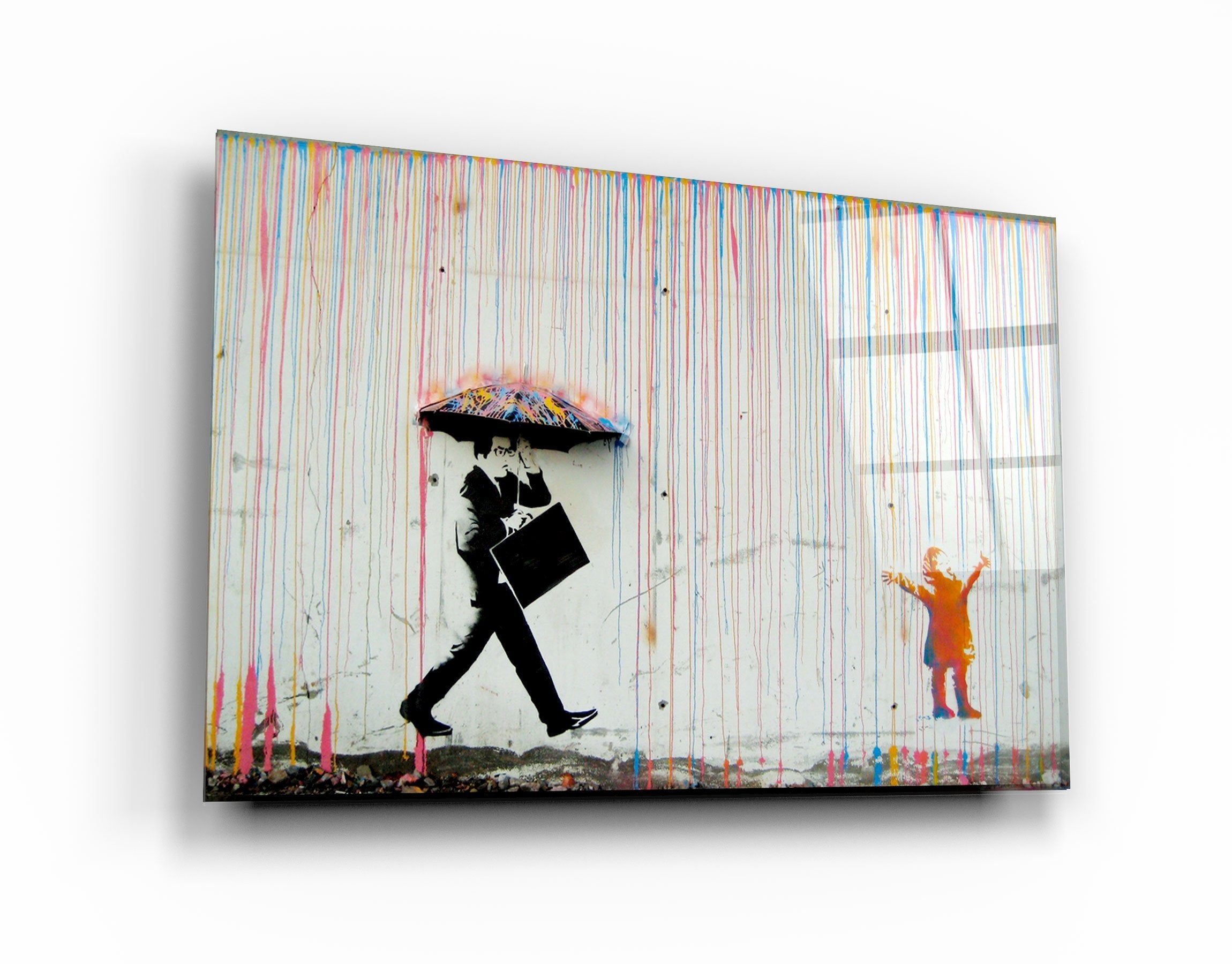 ・"Banksy - Umbrella Man - Rainbow Rain Girl "・Glass Wall Art