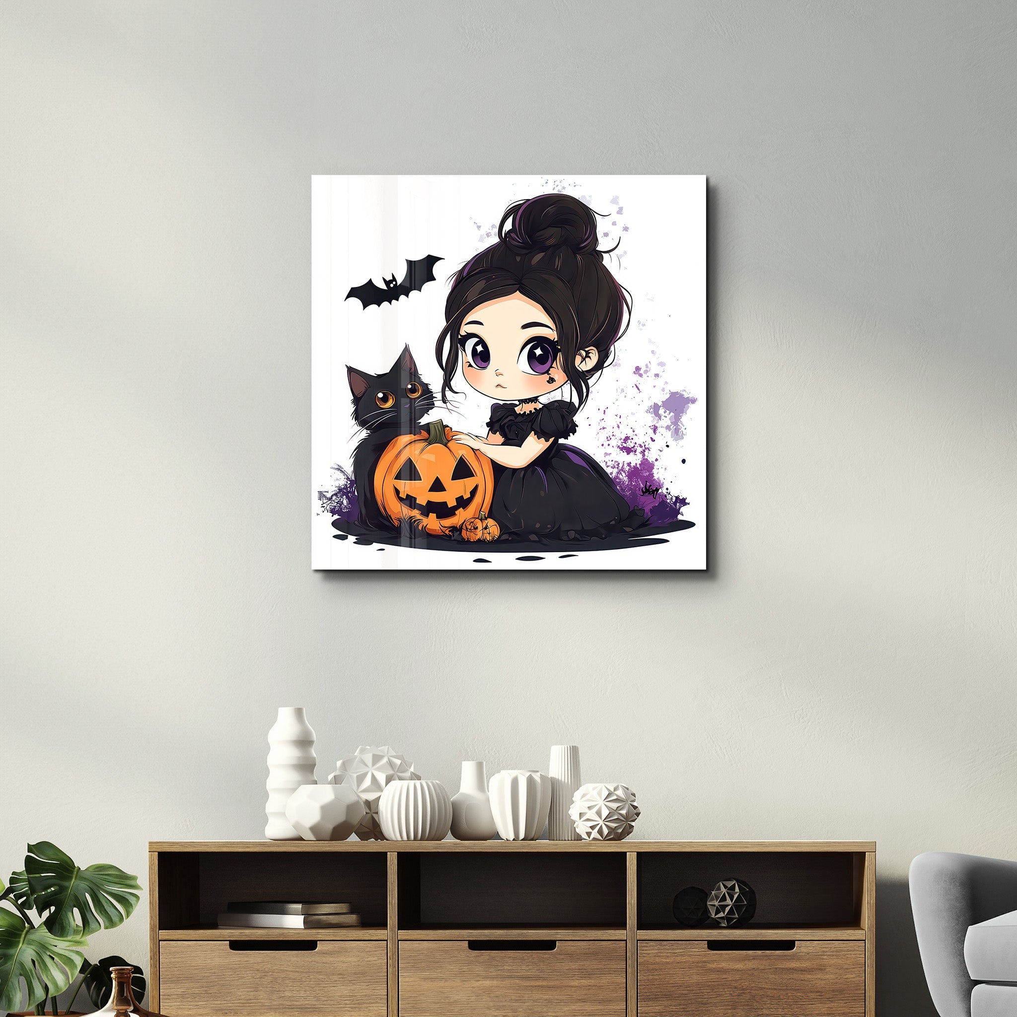 Lil' Witch and Her Pumpkin Pal | Halloween Style Glass Wall Art