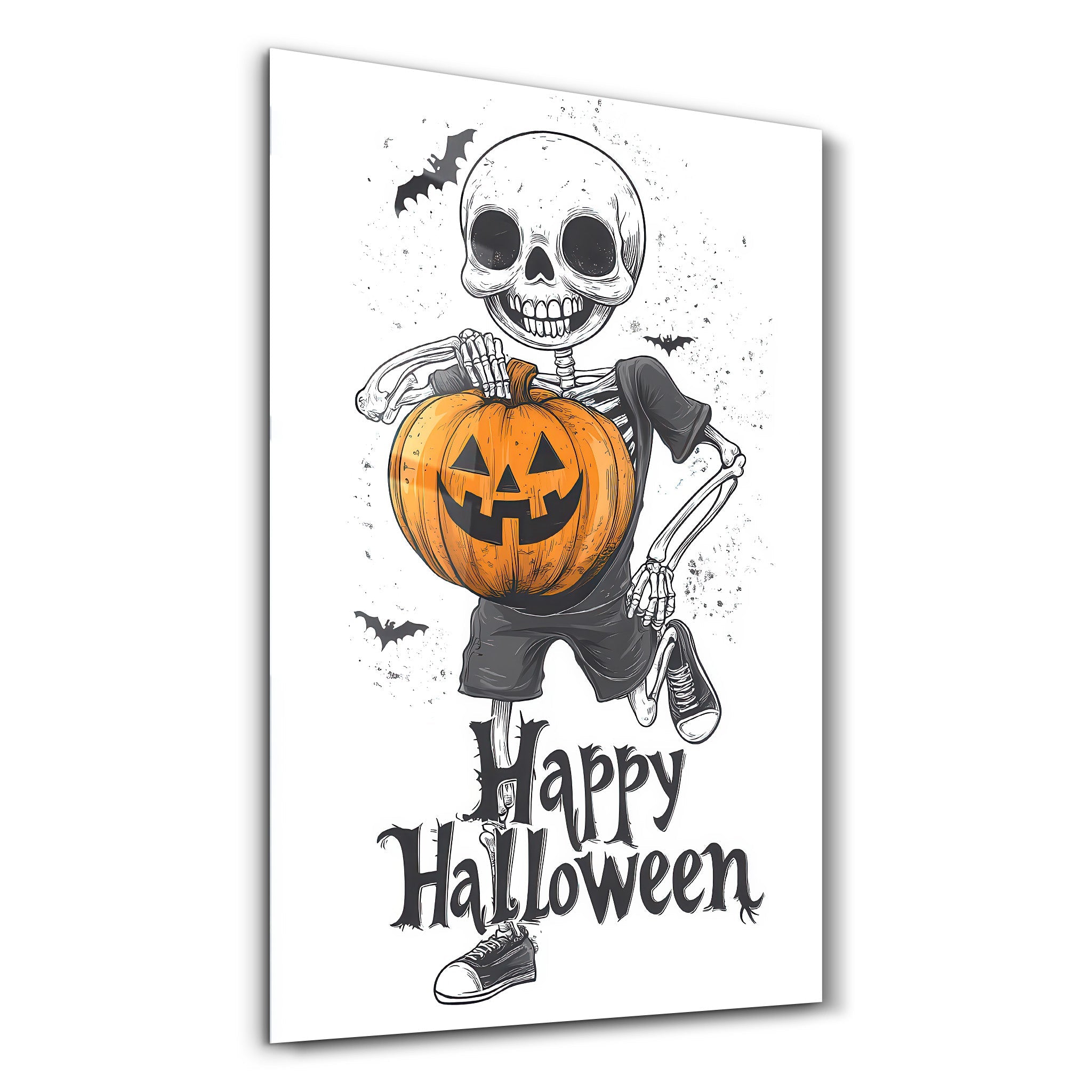 Skeleton Holding a Jack-O'-Lantern | Halloween Glass Wall Art