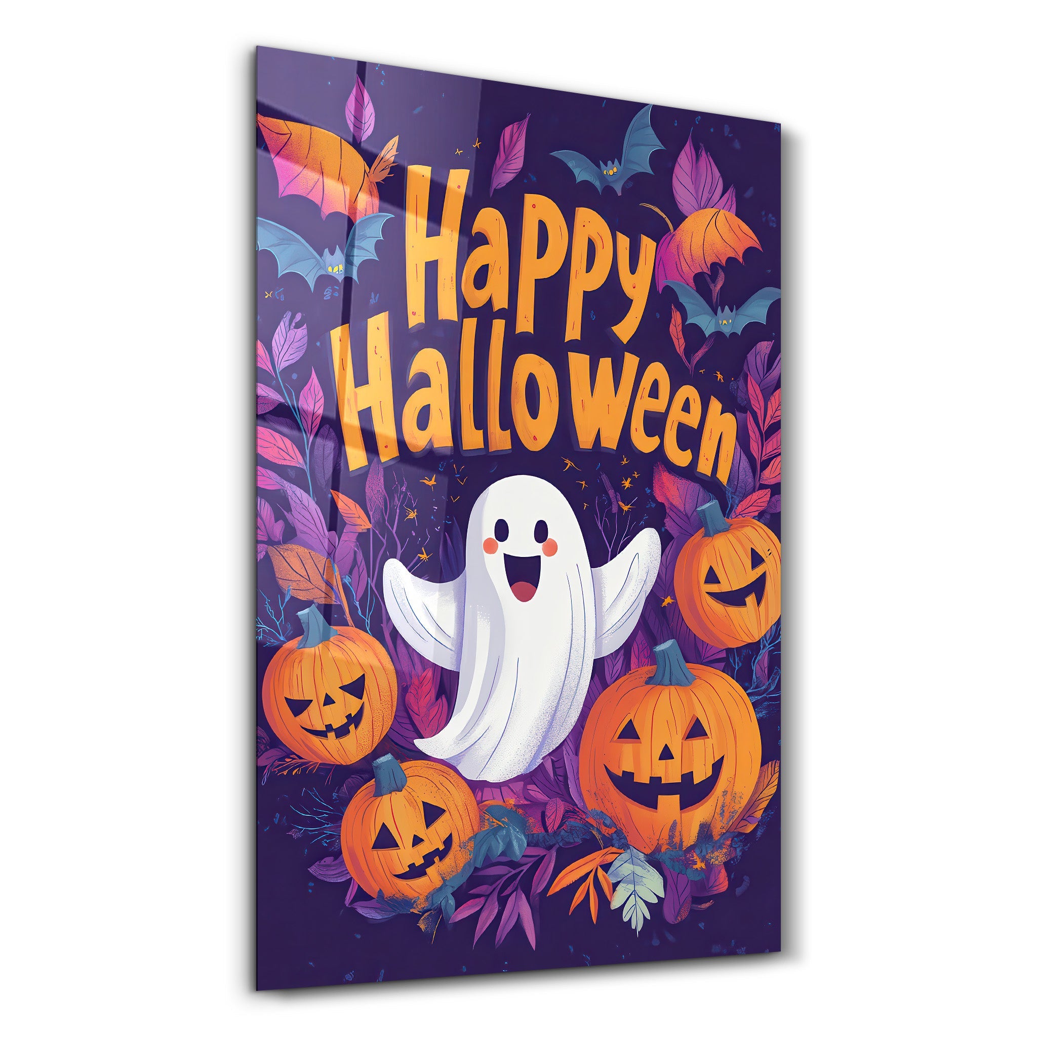 Cheerful Ghost Happy Halloween | Glass Wall Art