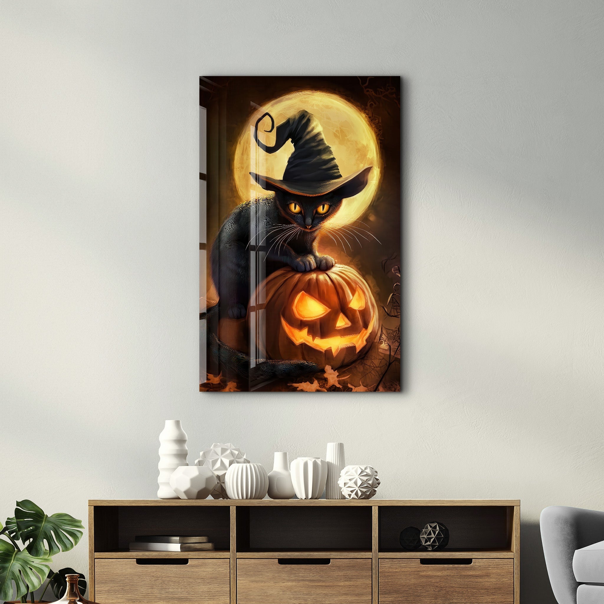 Sorcière minou | Décoration murale en verre pour Halloween