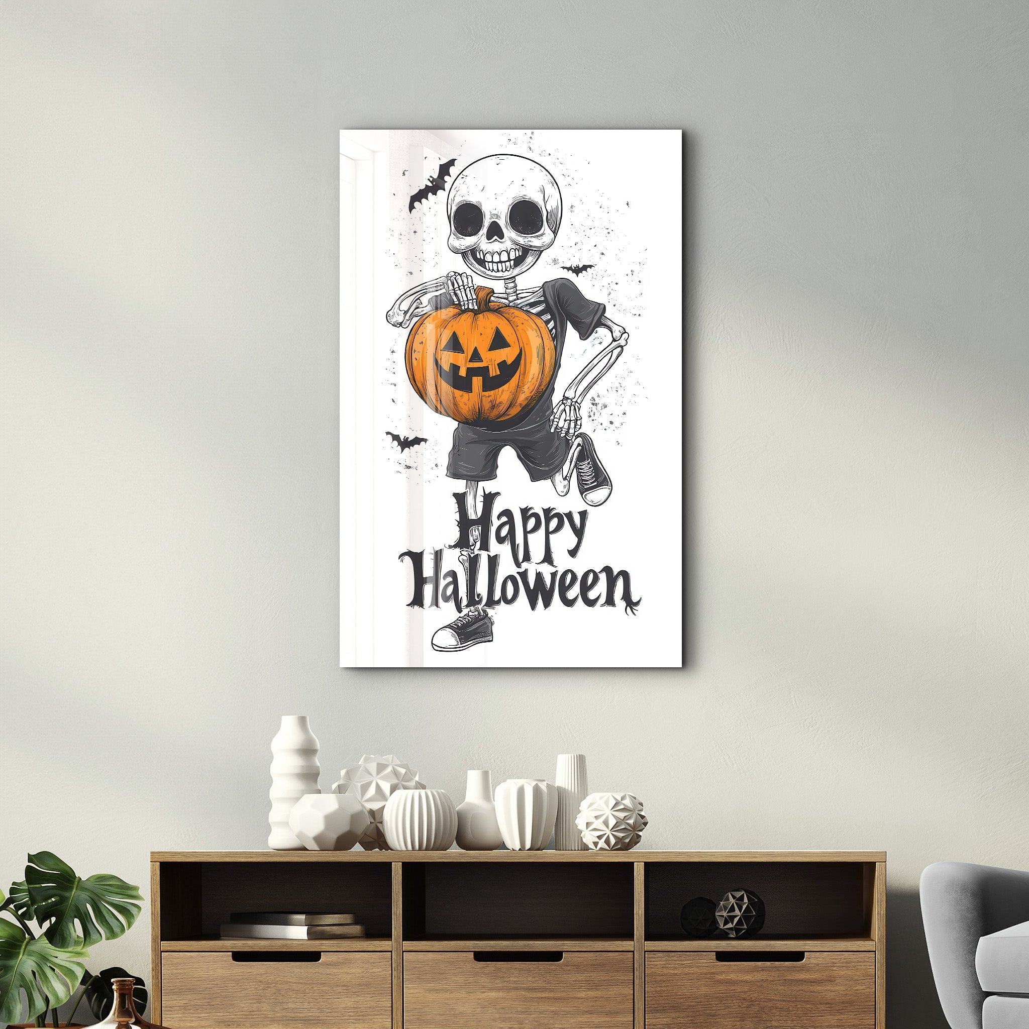 Skeleton Holding a Jack-O'-Lantern | Halloween Glass Wall Art