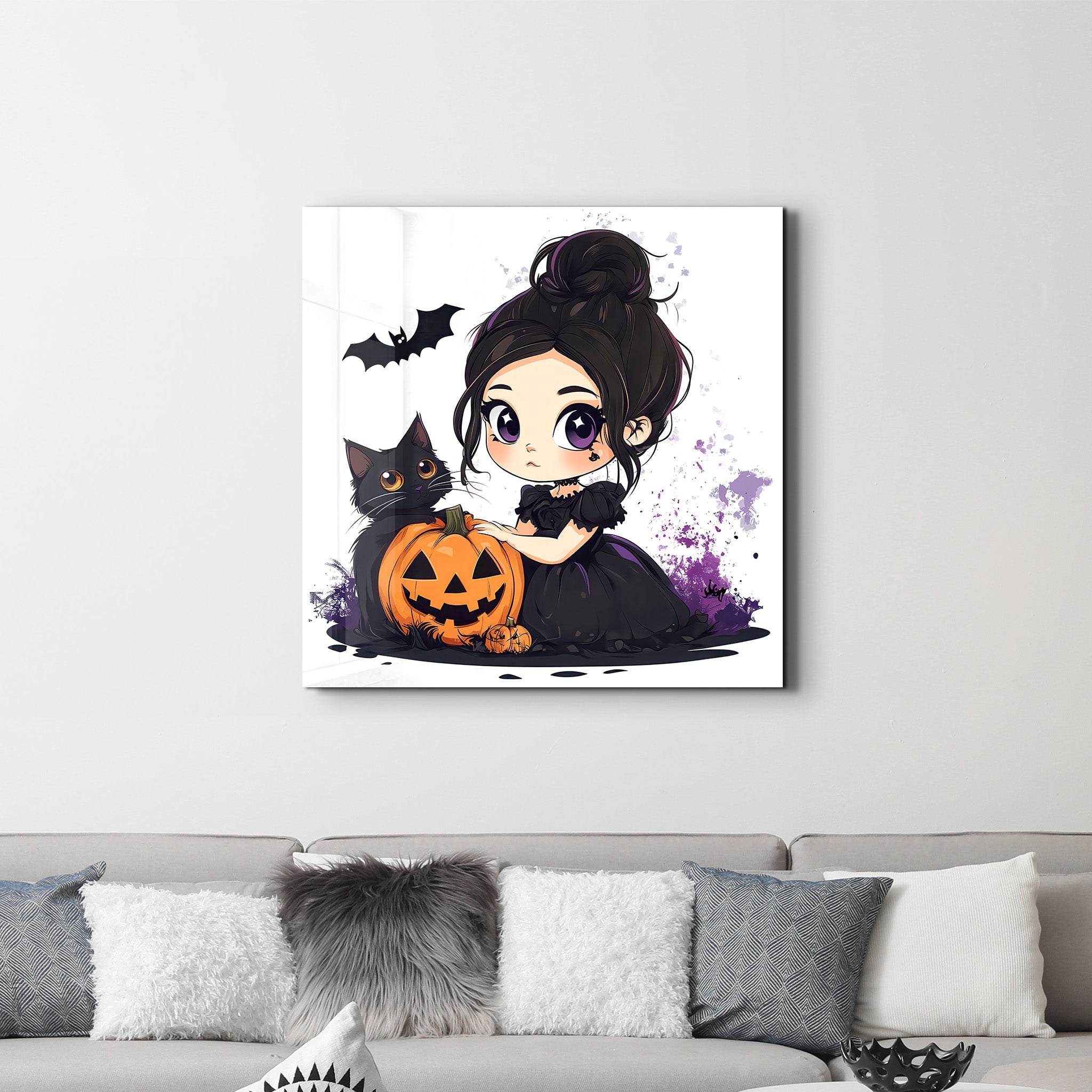 Lil' Witch and Her Pumpkin Pal | Halloween Style Glass Wall Art