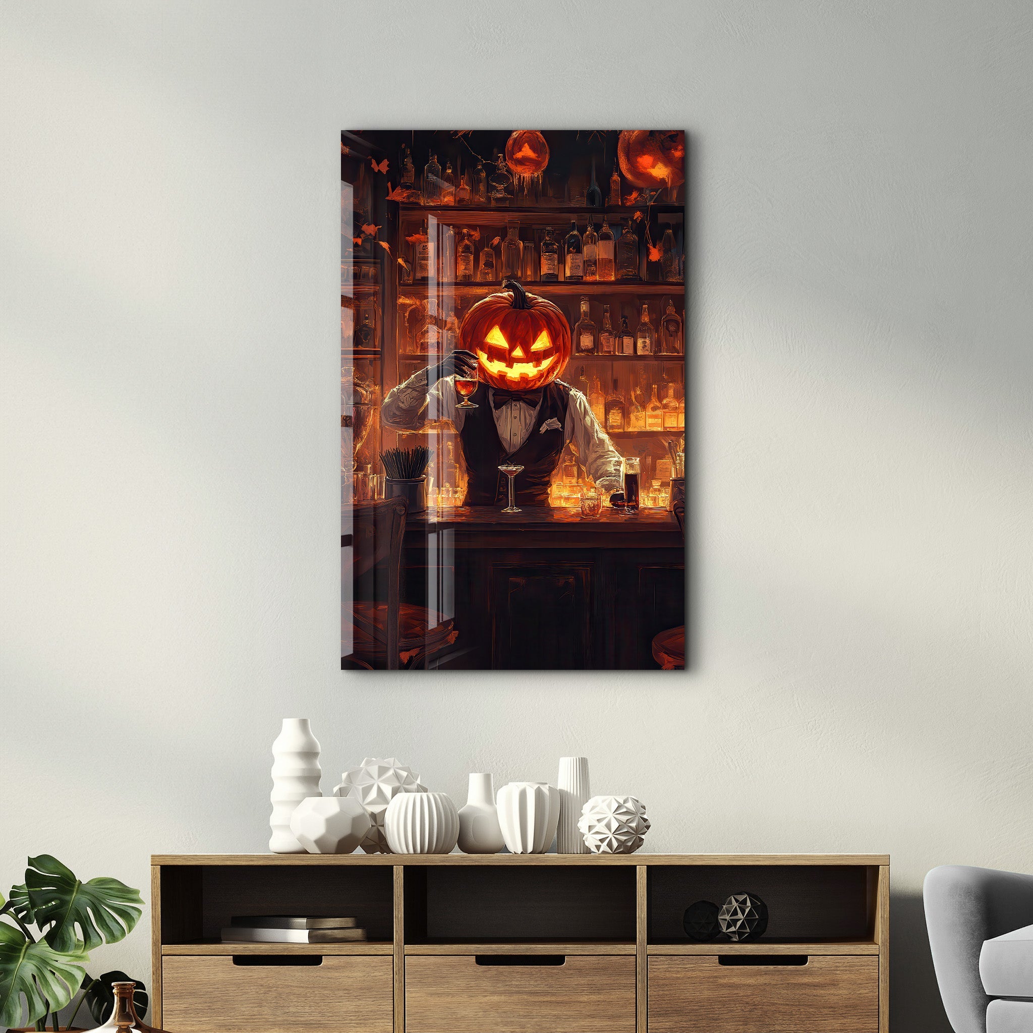 Pumpkin Bartender | Halloween Glass Wall Art