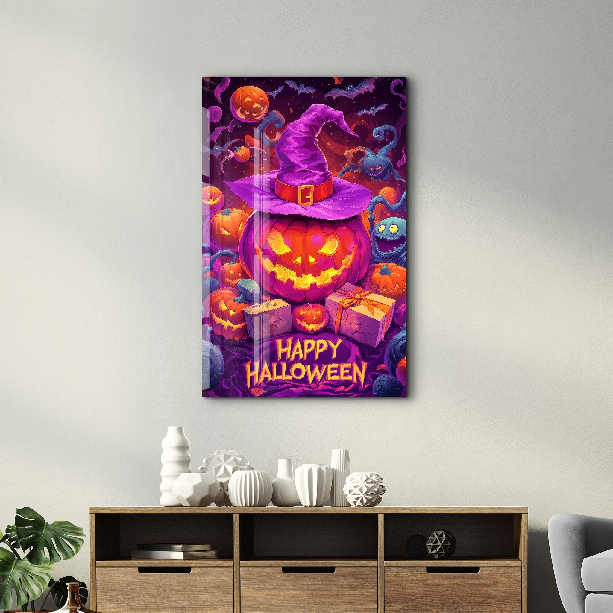 Glowing Jack-O-Lanterns | Halloween Glass Wall Art