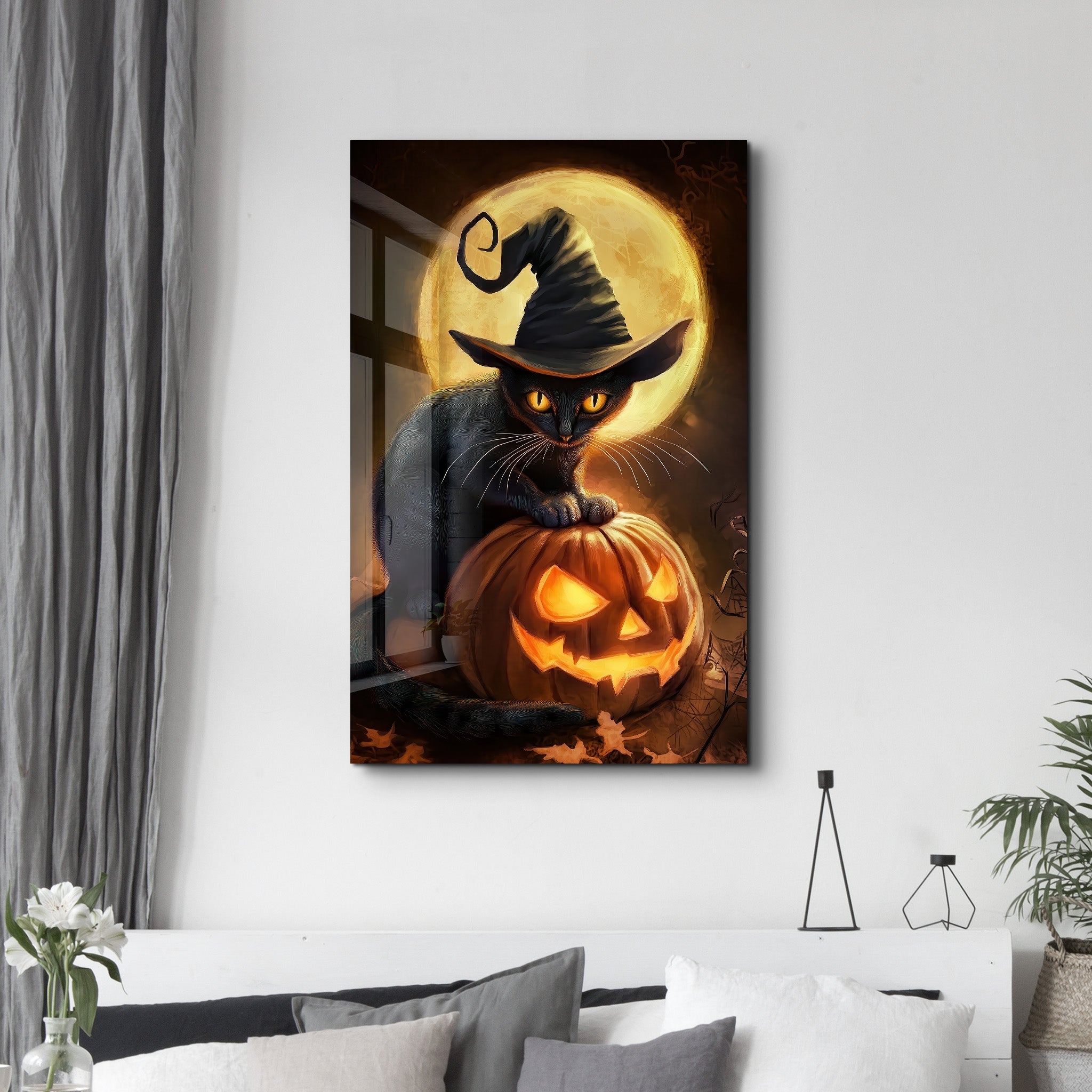 Sorcière minou | Décoration murale en verre pour Halloween