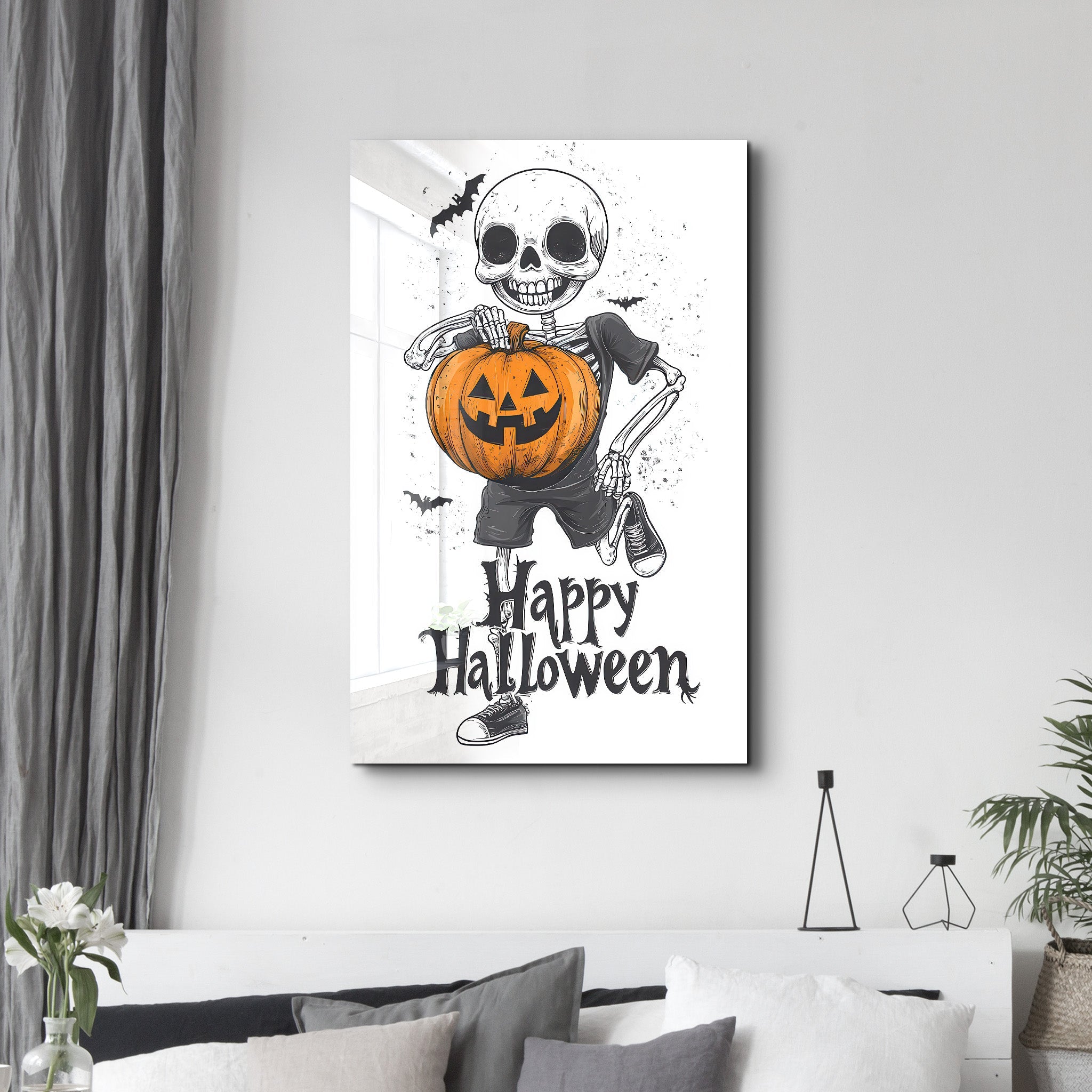 Squelette tenant une citrouille-lanterne | Décoration murale en verre pour Halloween