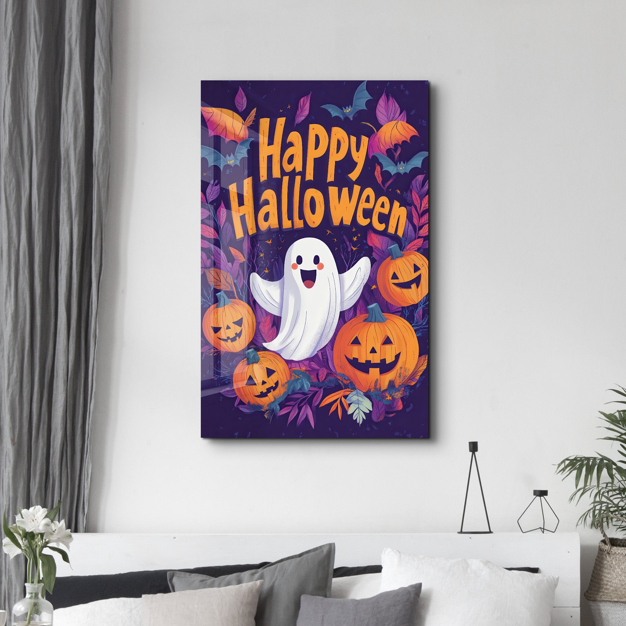 Cheerful Ghost Happy Halloween | Glass Wall Art