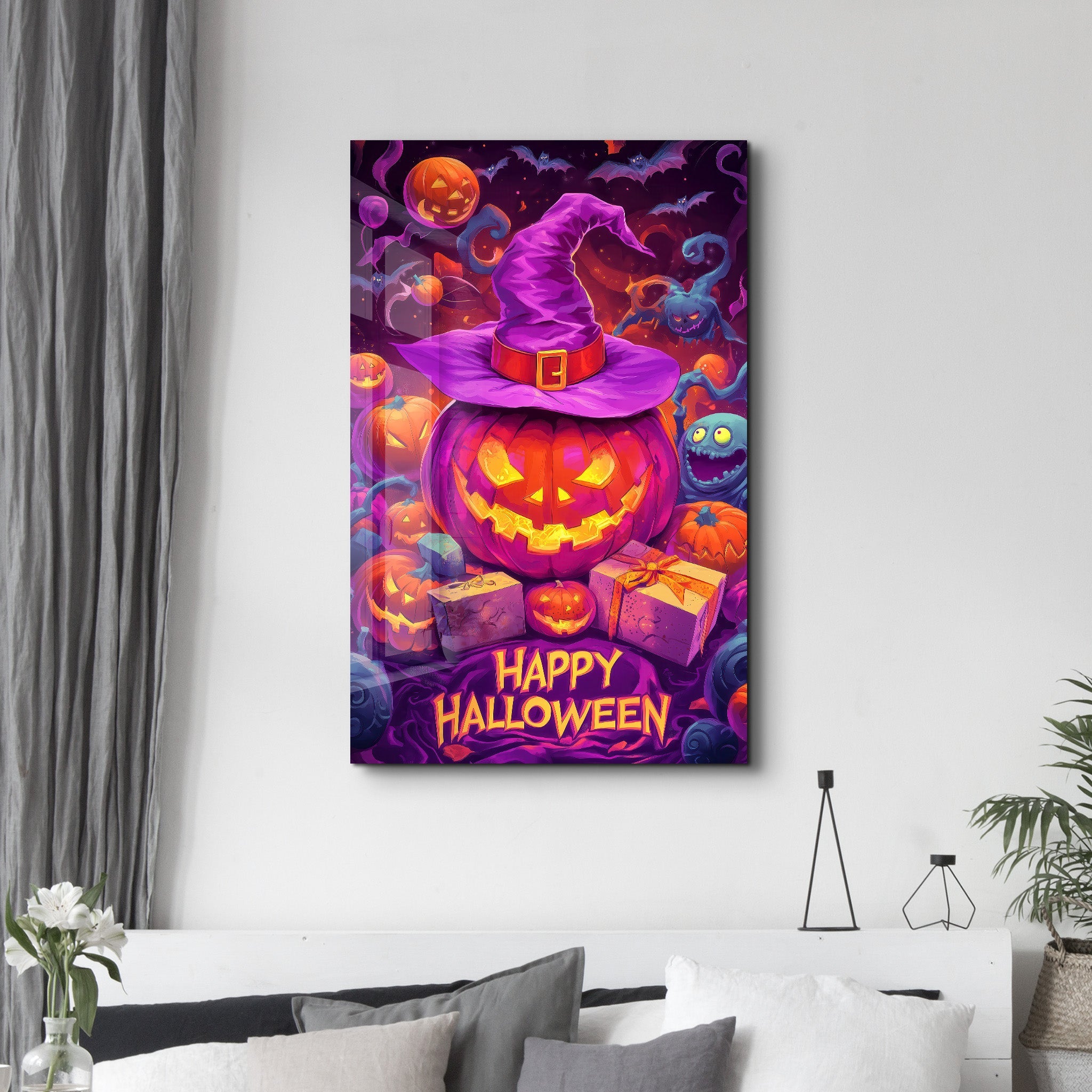 Glowing Jack-O-Lanterns | Halloween Glass Wall Art