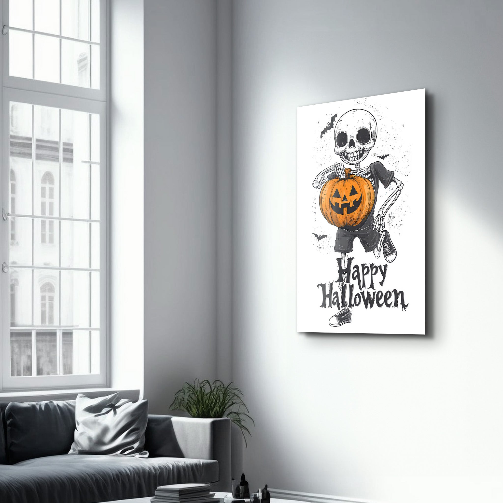 Skeleton Holding a Jack-O'-Lantern | Halloween Glass Wall Art