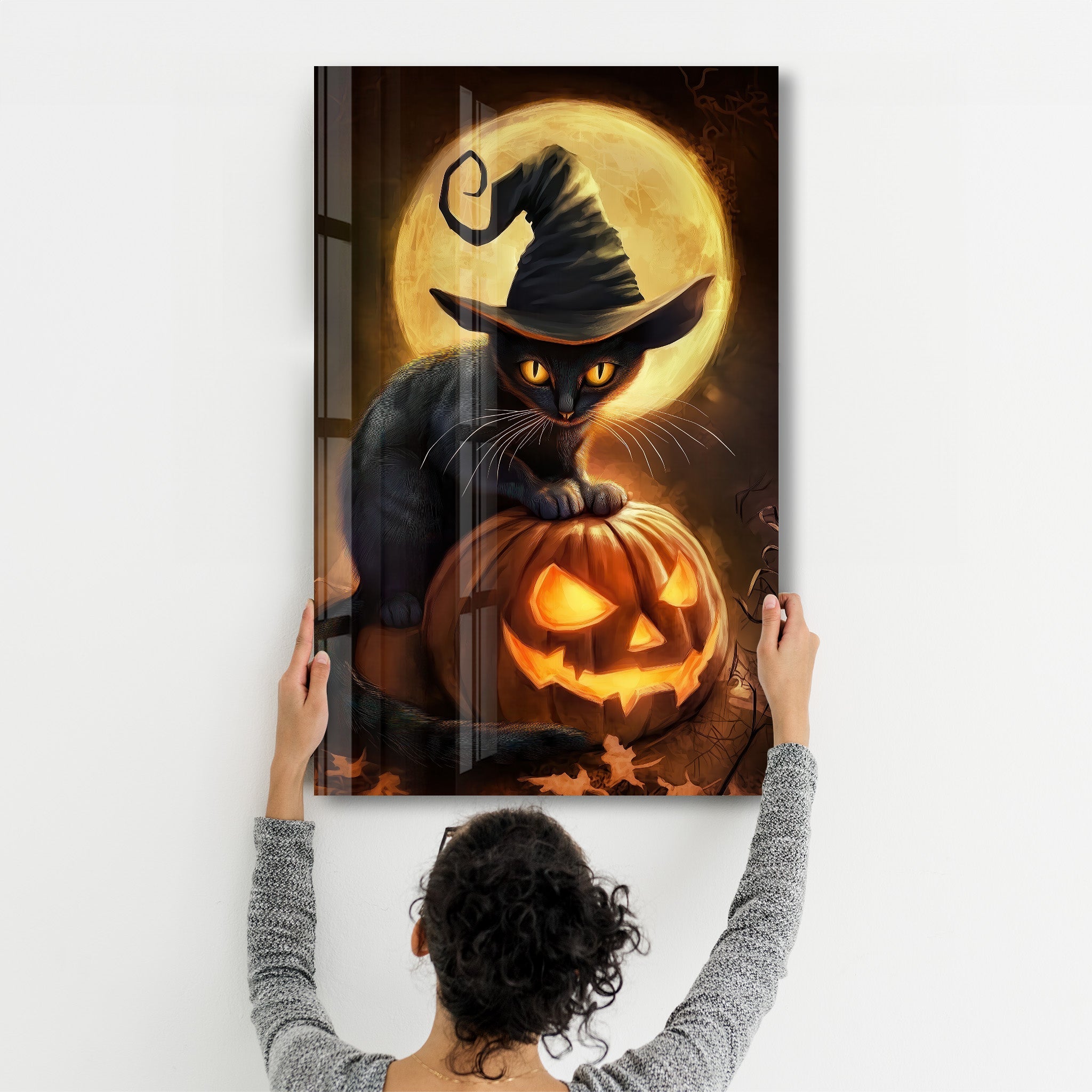 Sorcière minou | Décoration murale en verre pour Halloween