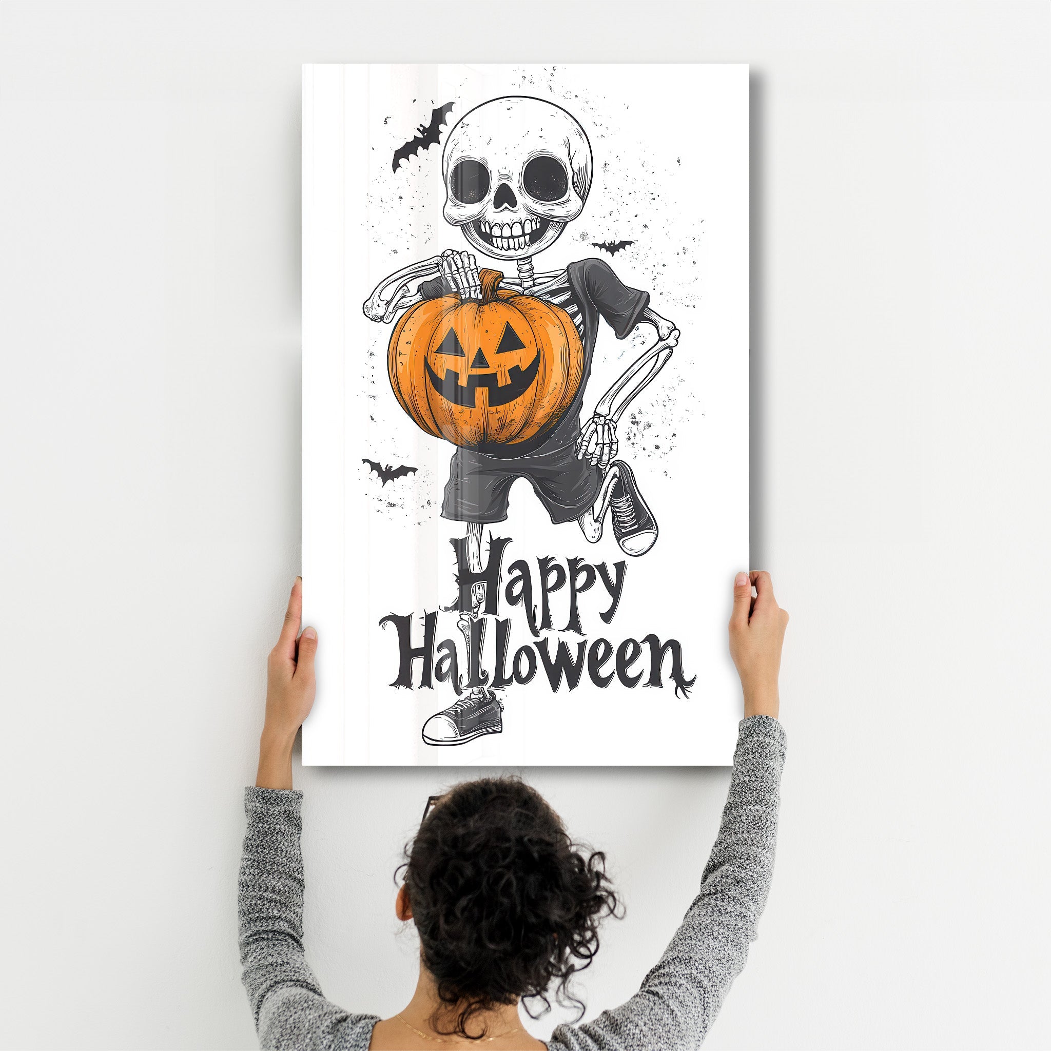 Squelette tenant une citrouille-lanterne | Décoration murale en verre pour Halloween