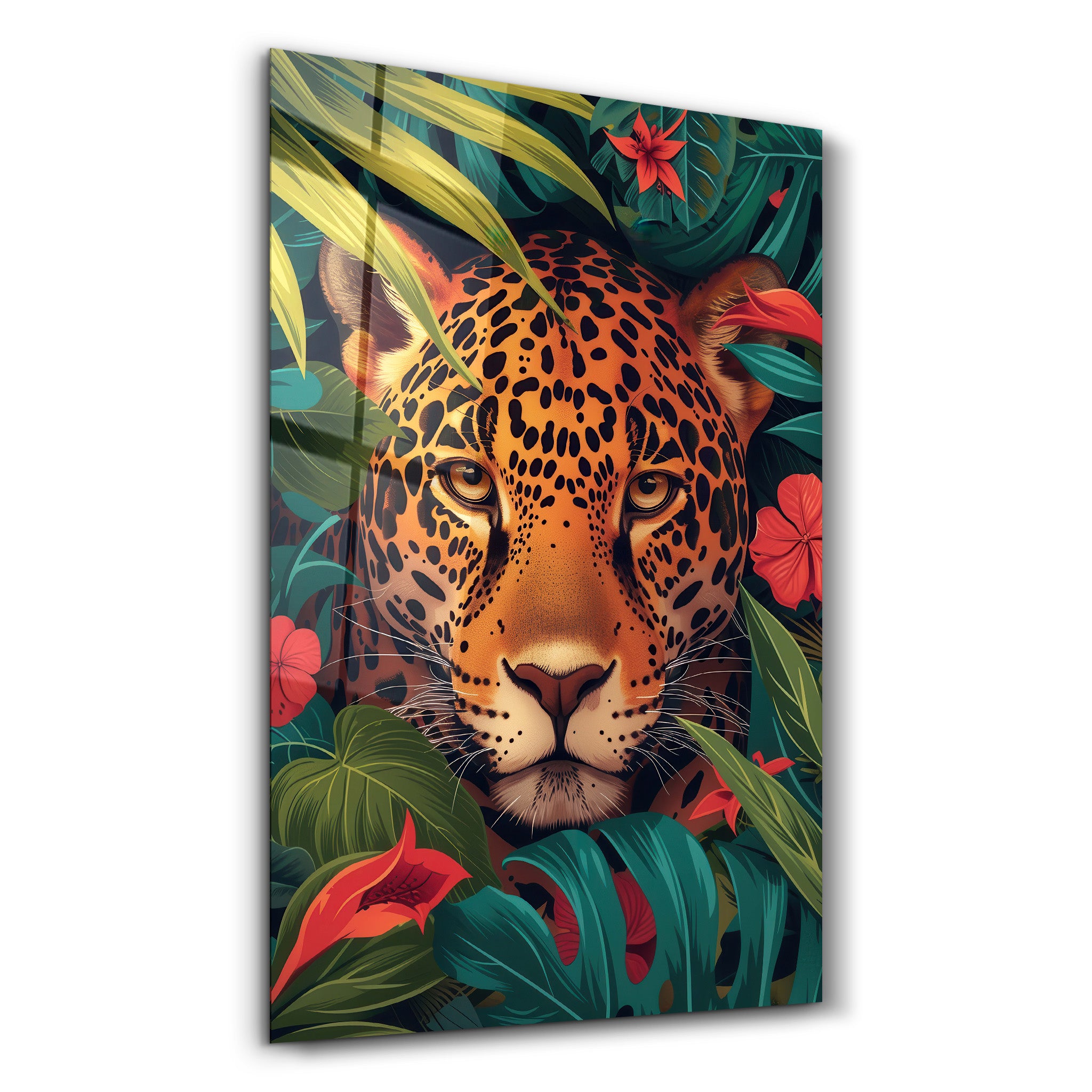 Leoparden- und tropische Blumen - <tc>Glasbild</tc>