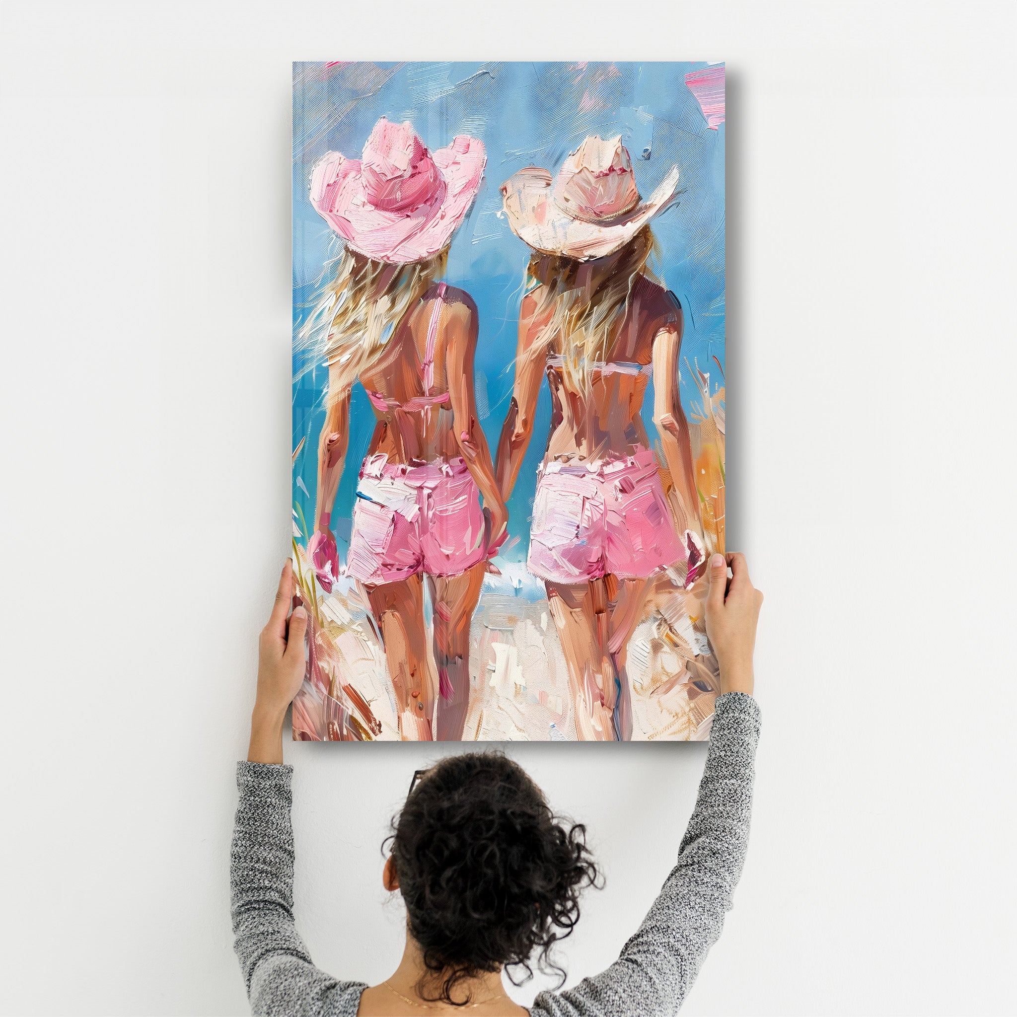 Pink CowGirls On the Beach - Glass Wall Art