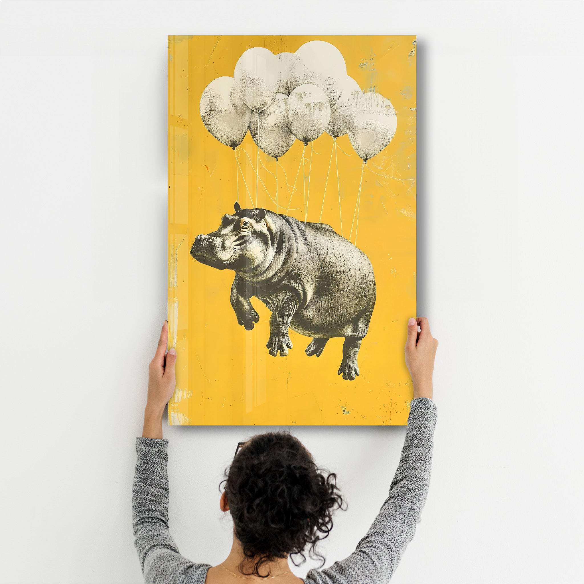 Hippo Rising with Balloons - Glass Wall Art