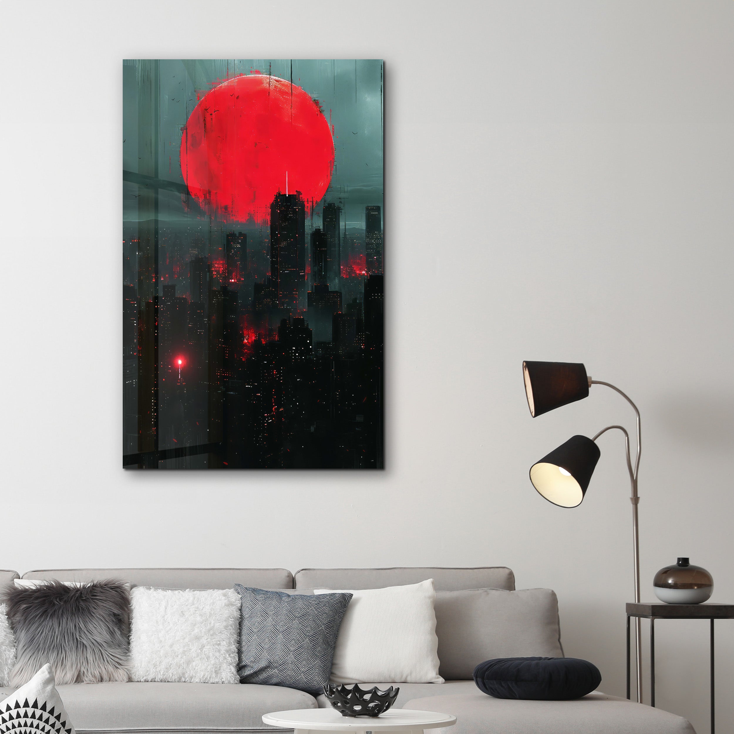 Roter Mond über der Stadt – Designerkollektion <tc>Glasbild</tc>