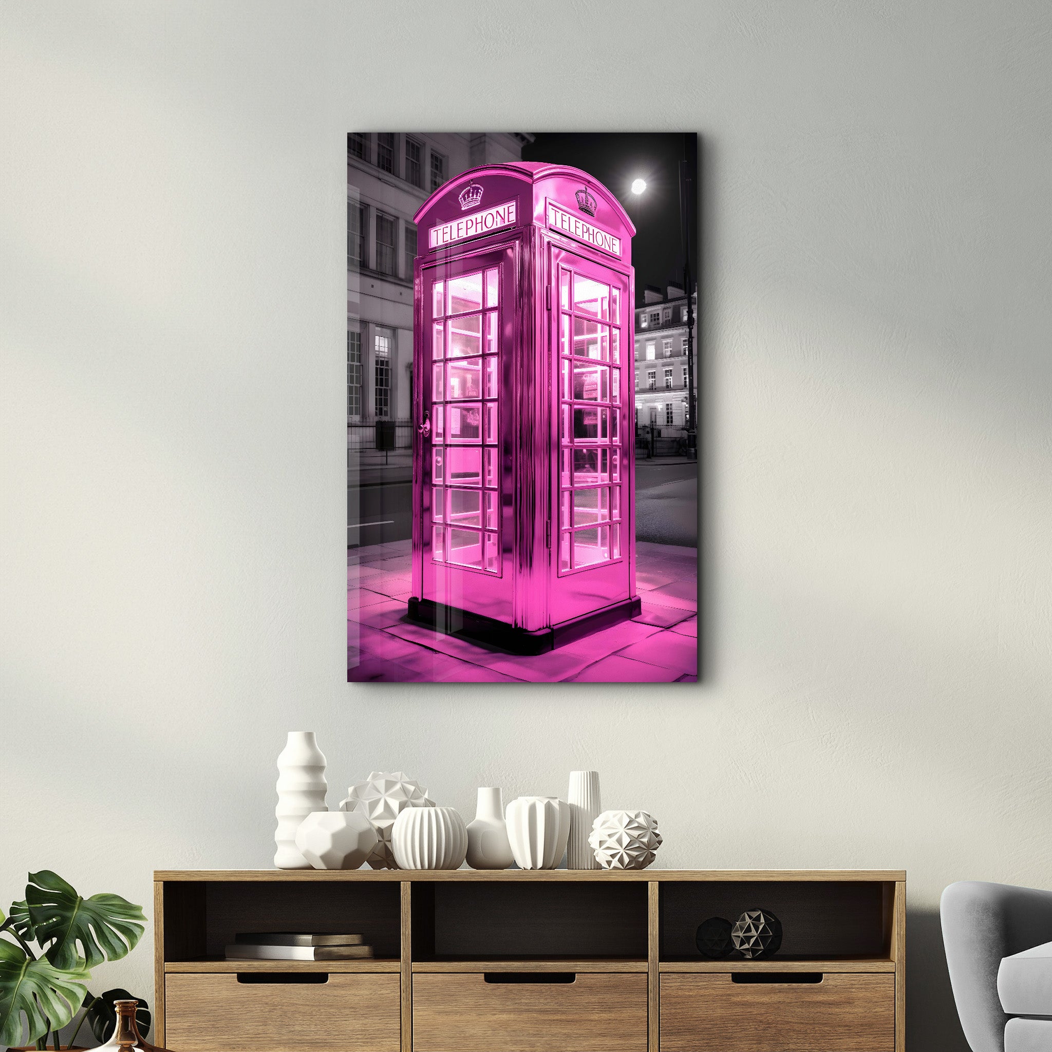 Pink Retro Telephone Booth - Glass Wall Art