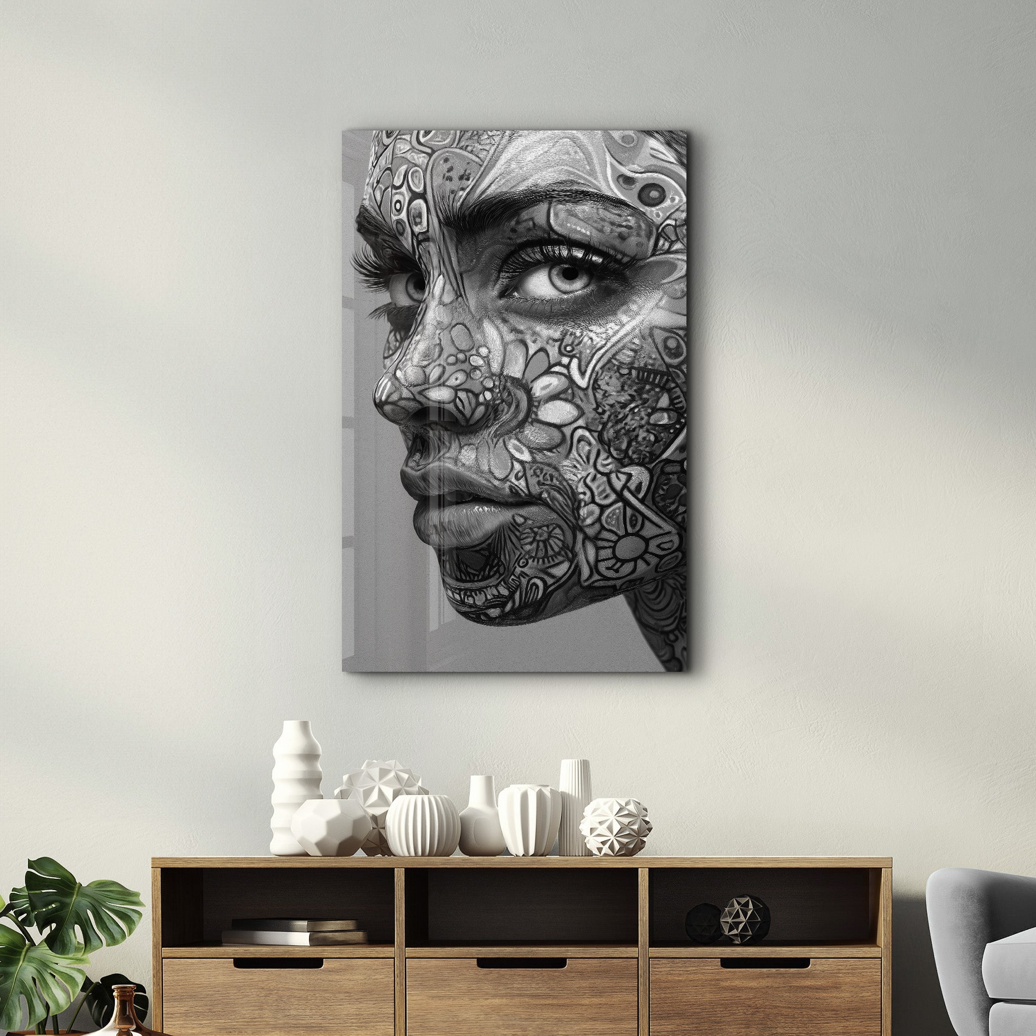 Psychedelic Floral Portrait B&W | Glass Wall Art