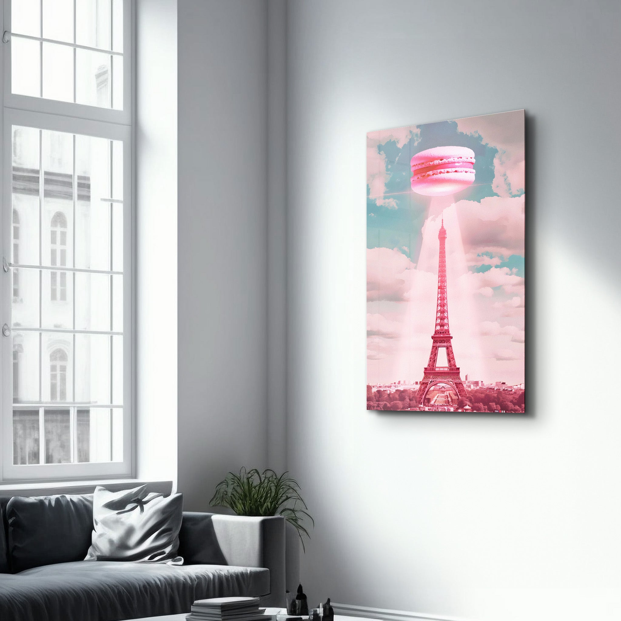 Pink Macarons and Eiffel Tower - Glass Wall Art