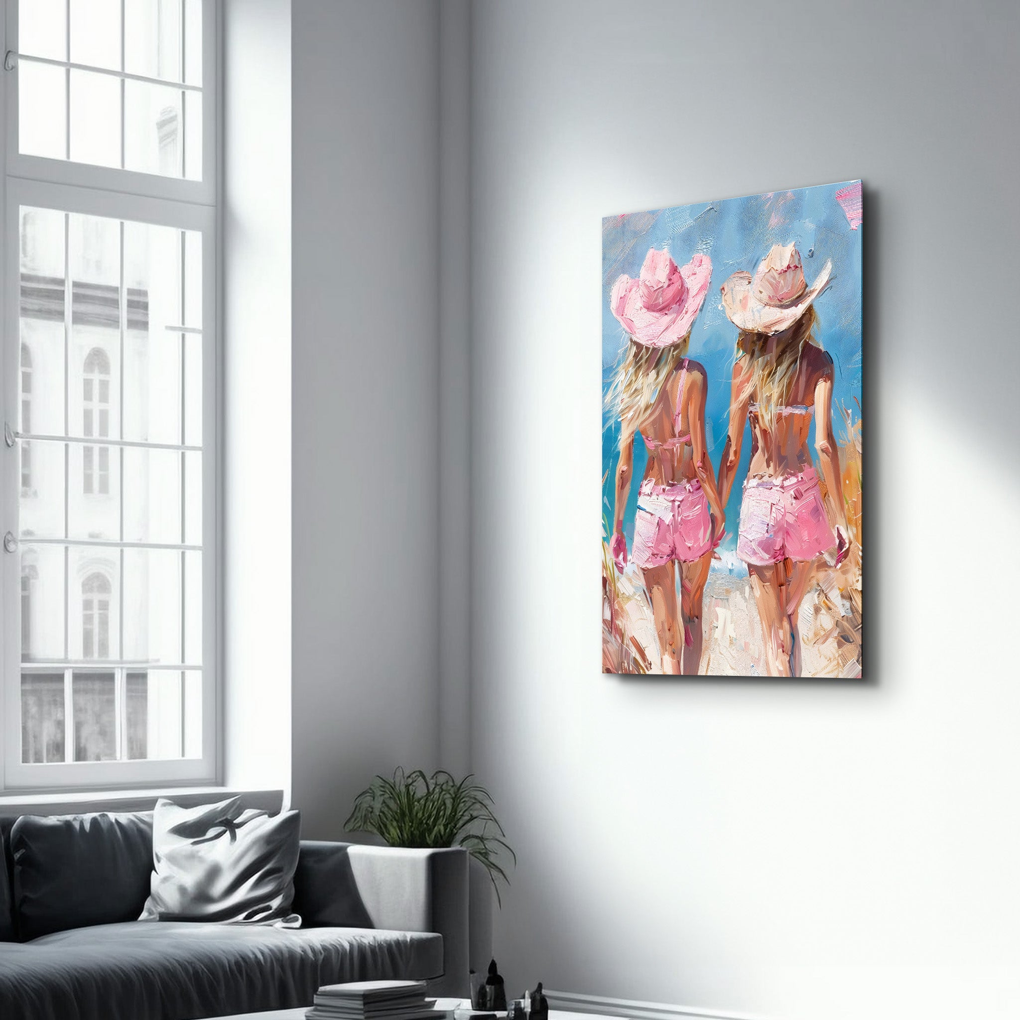 Pink CowGirls On the Beach - Glass Wall Art