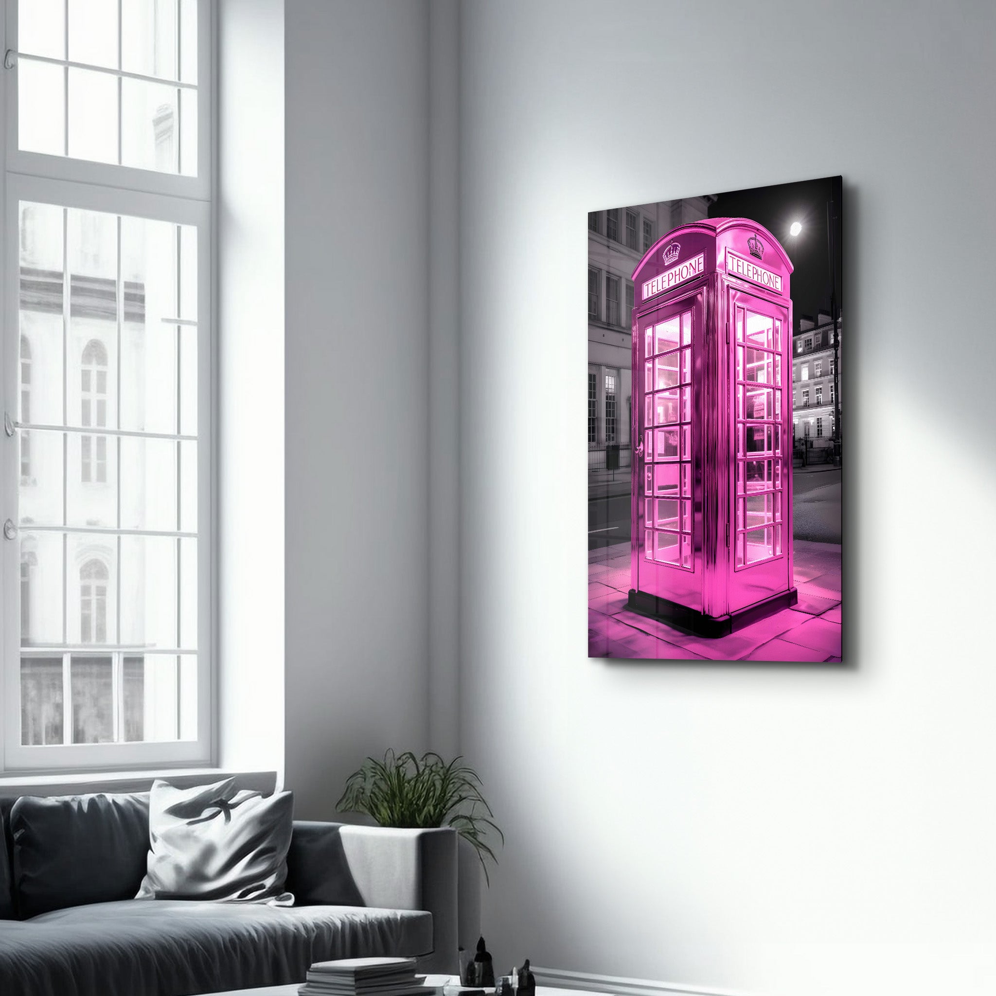 Pink Retro Telephone Booth - Glass Wall Art