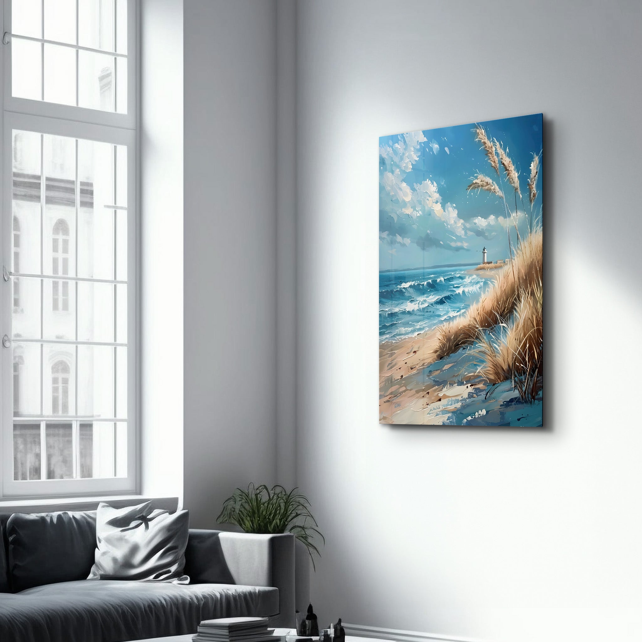 Lighthouse and Beach Oil Painting - Glass Wall Art