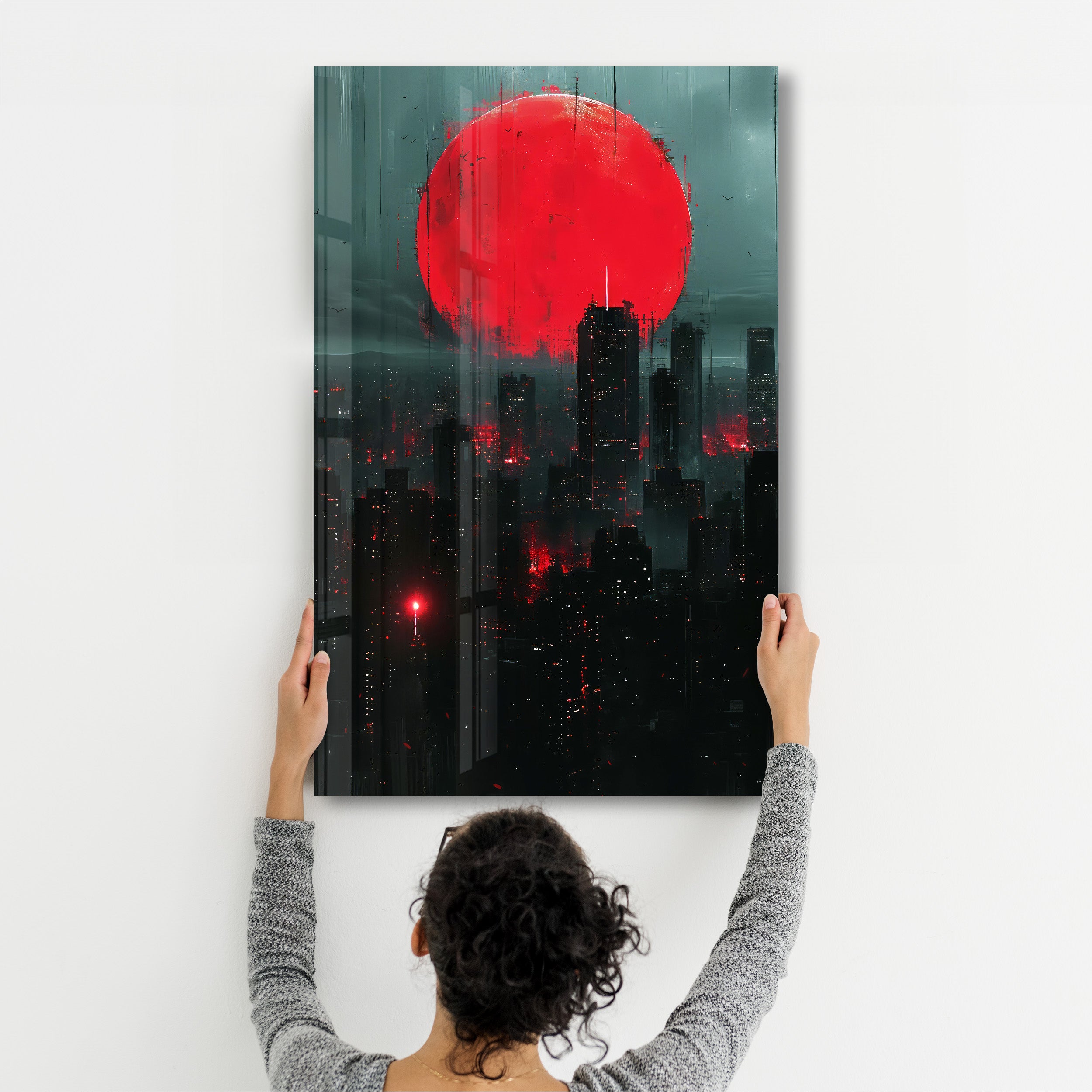 Roter Mond über der Stadt – Designerkollektion <tc>Glasbild</tc>