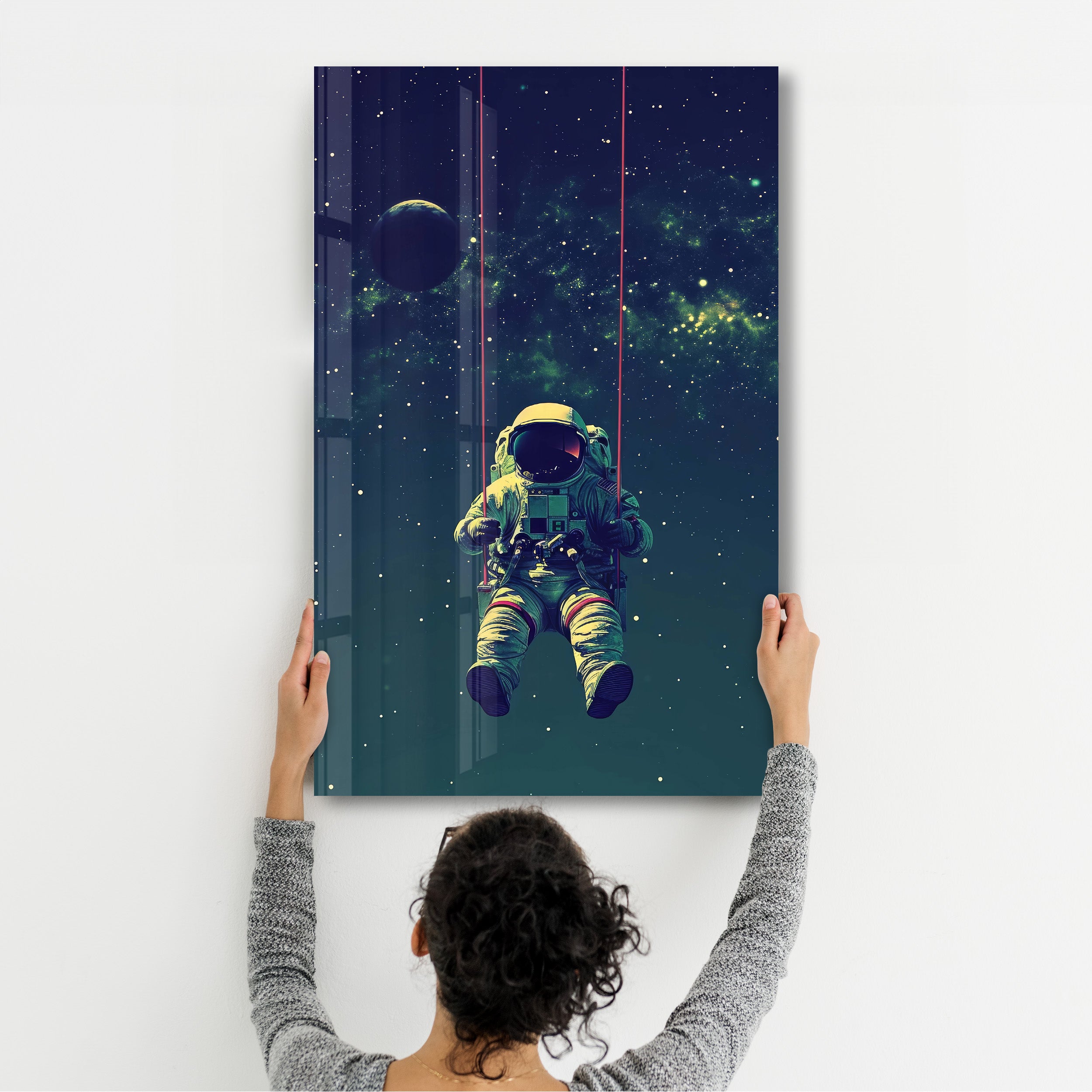 Astronaut auf Schaukel – Designerkollektion <tc>Glasbild</tc>
