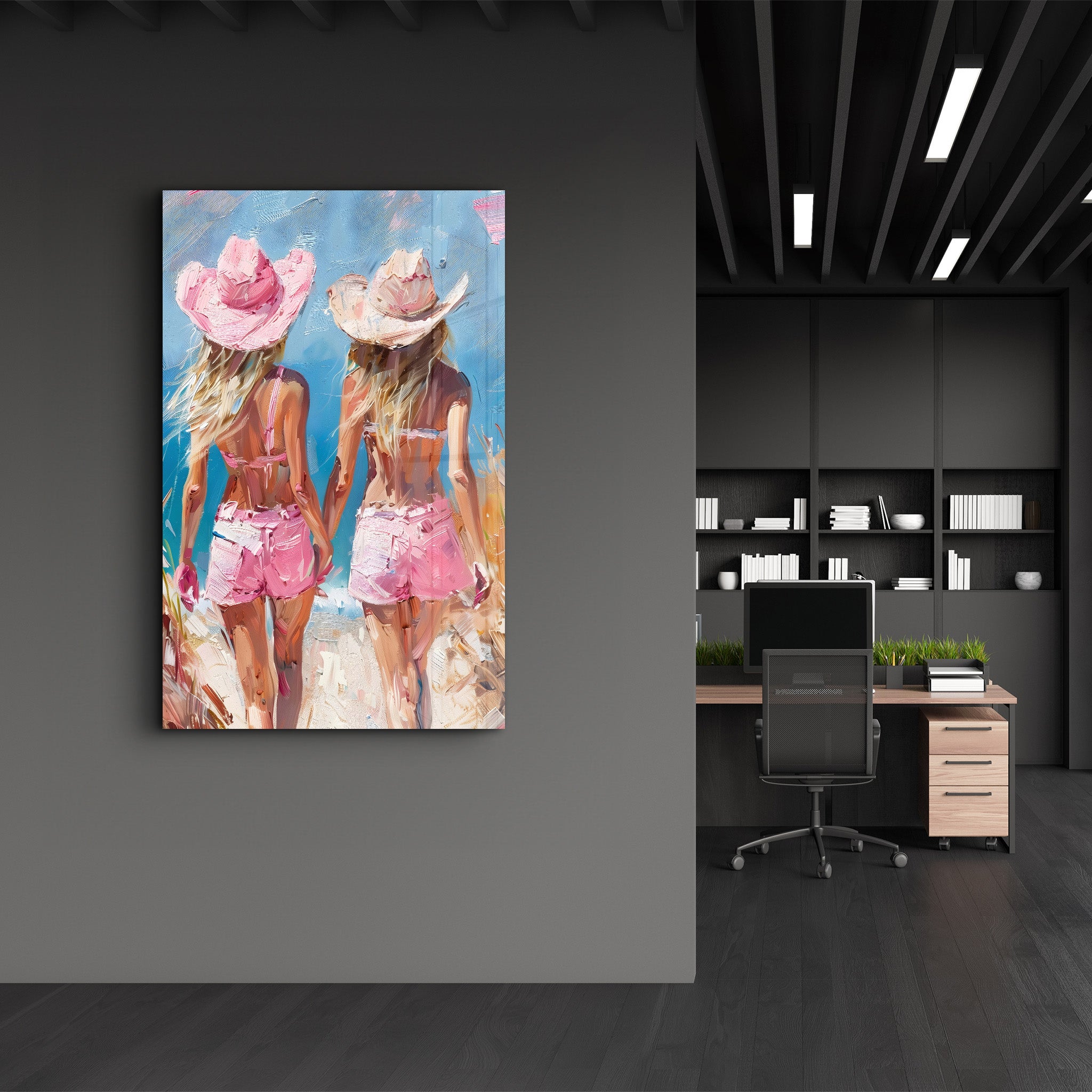 Pink CowGirls On the Beach - Glass Wall Art