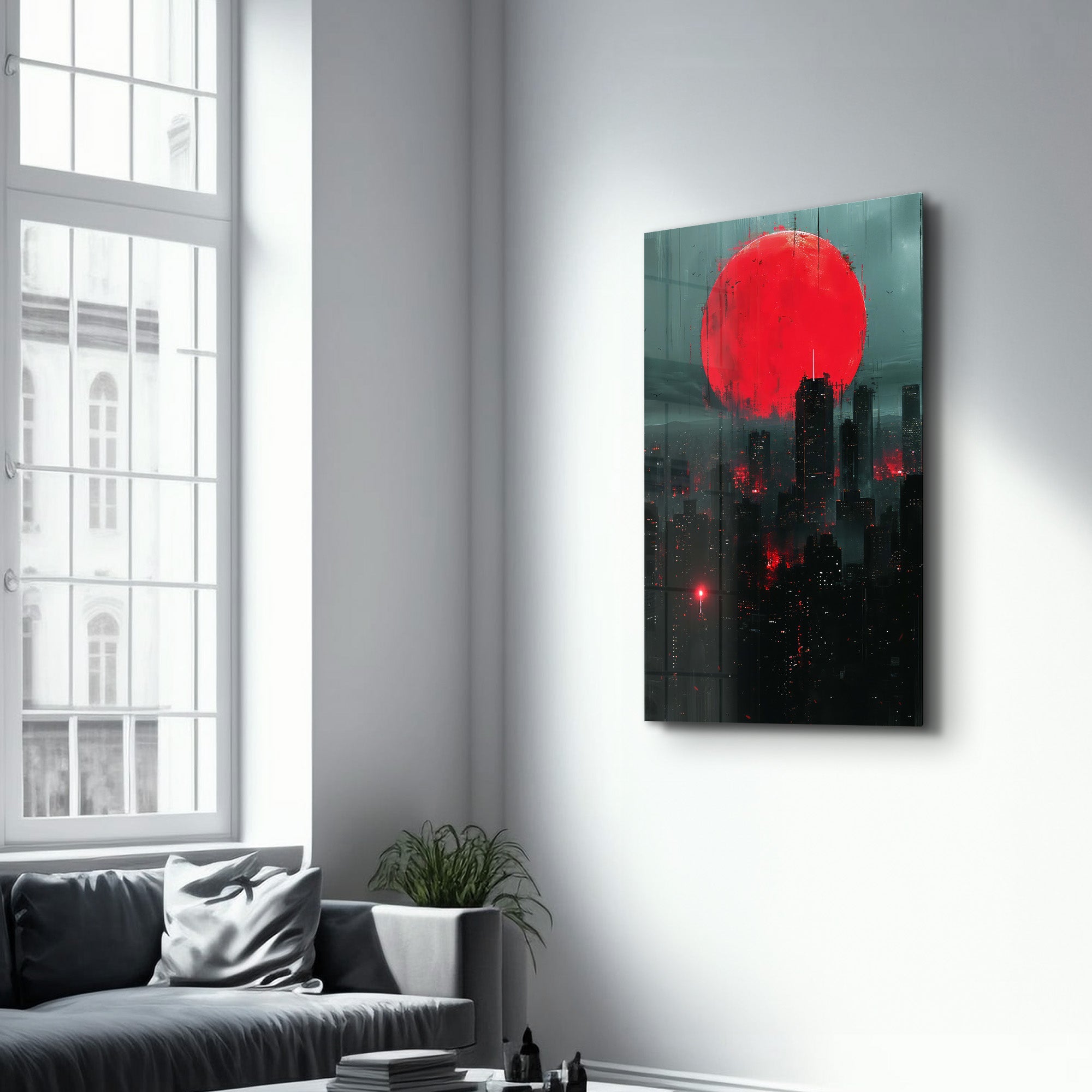 Roter Mond über der Stadt – Designerkollektion <tc>Glasbild</tc>