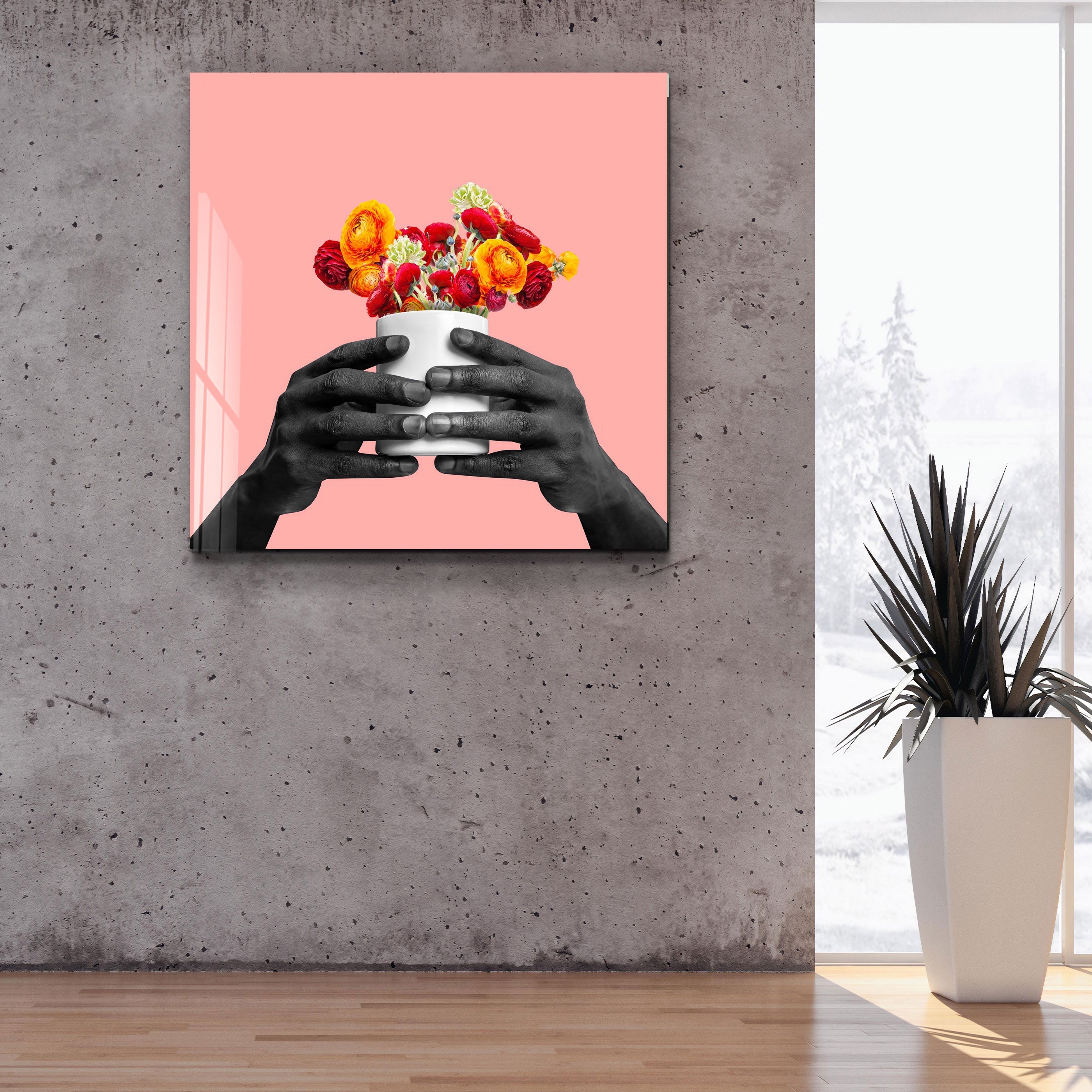.."Tenir la fleur - Rose". Art mural en verre de la collection contemporaine