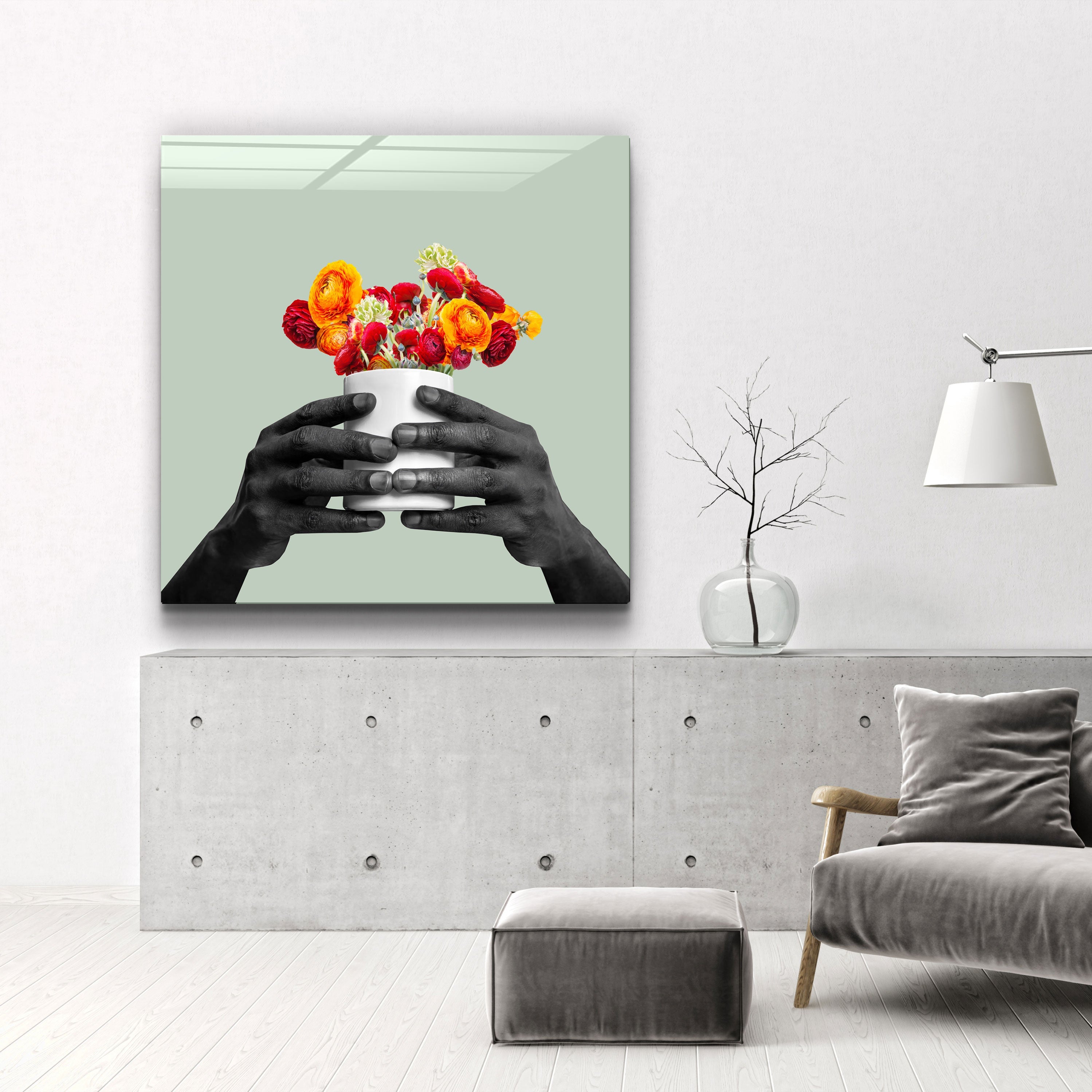 ."Holding the Flower - Gray". Contemporary Collection Glass Wall Art