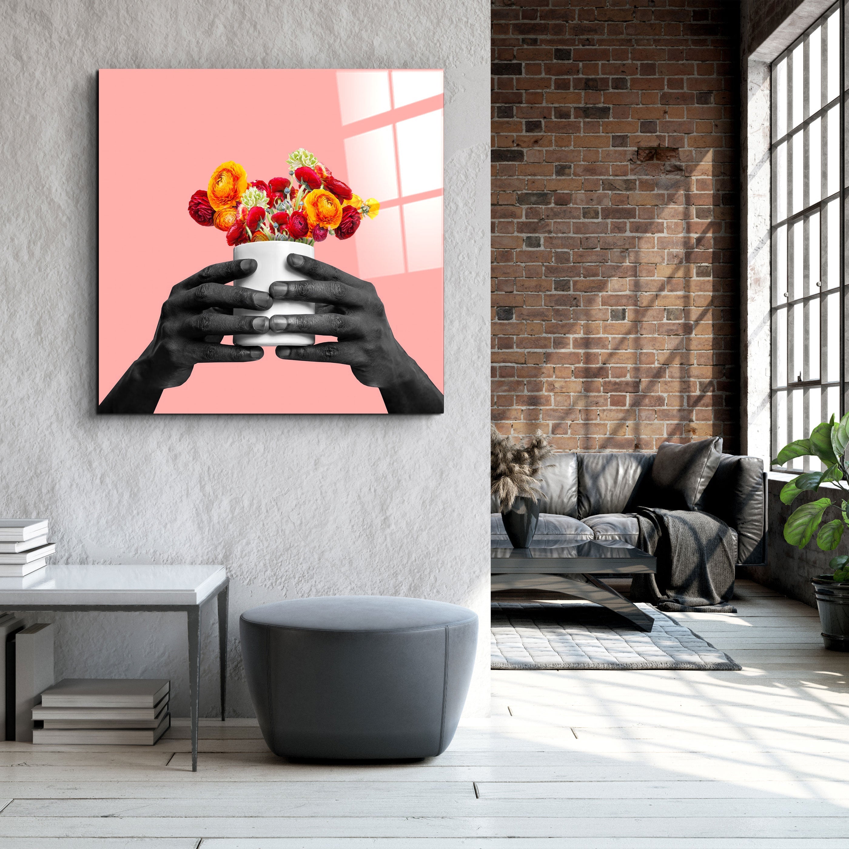 ."Holding the Flower - Pink". Contemporary Collection Glass Wall Art