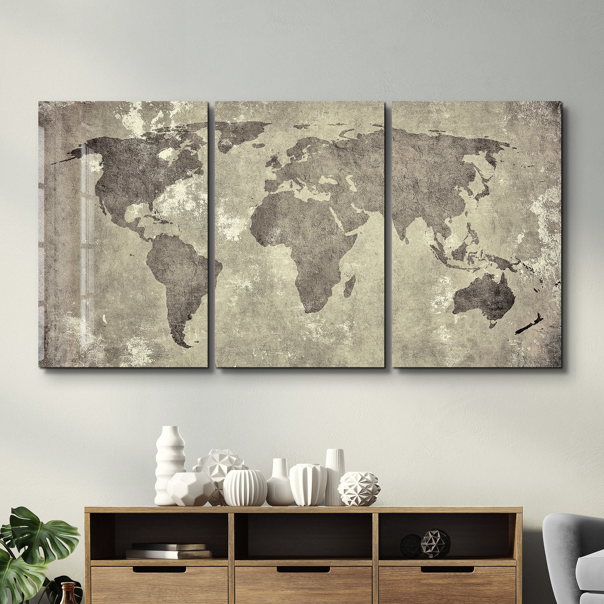 ・"Carte du monde vintage - Trio"・Art mural en verre