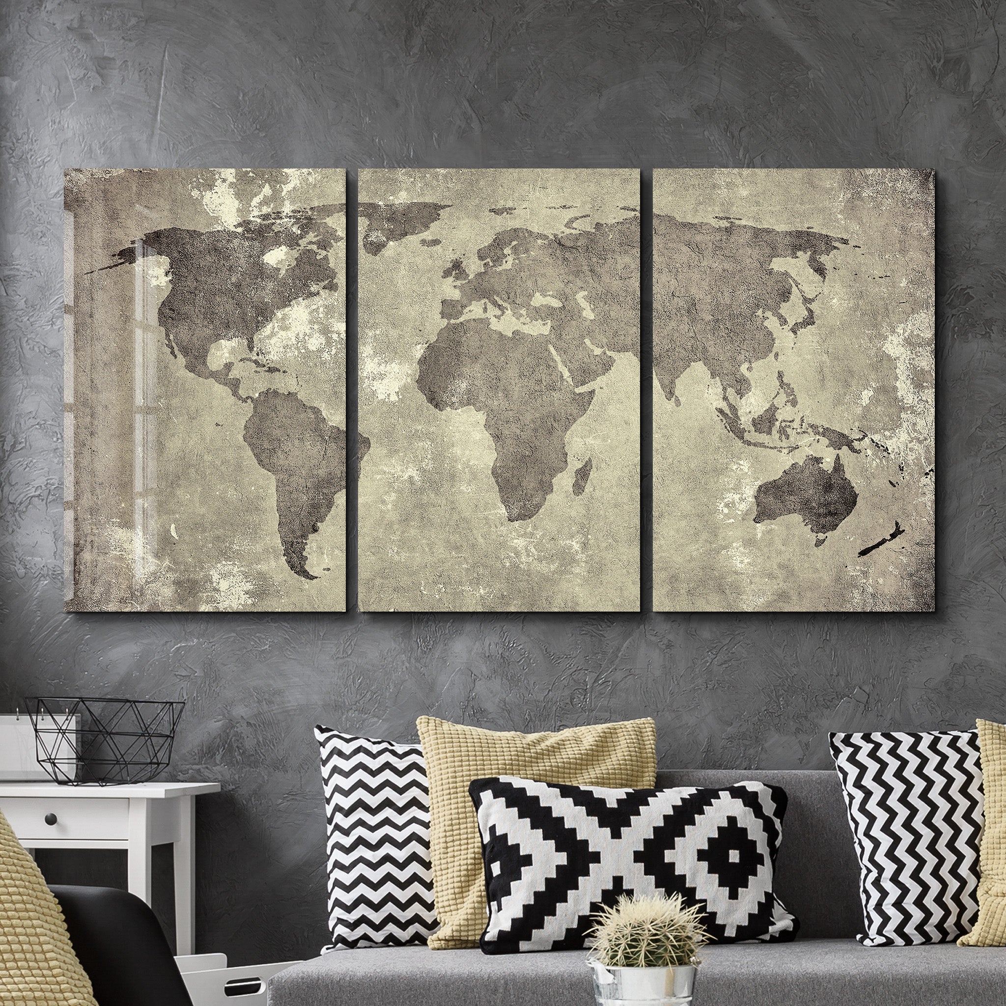 ・"Carte du monde vintage - Trio"・Art mural en verre