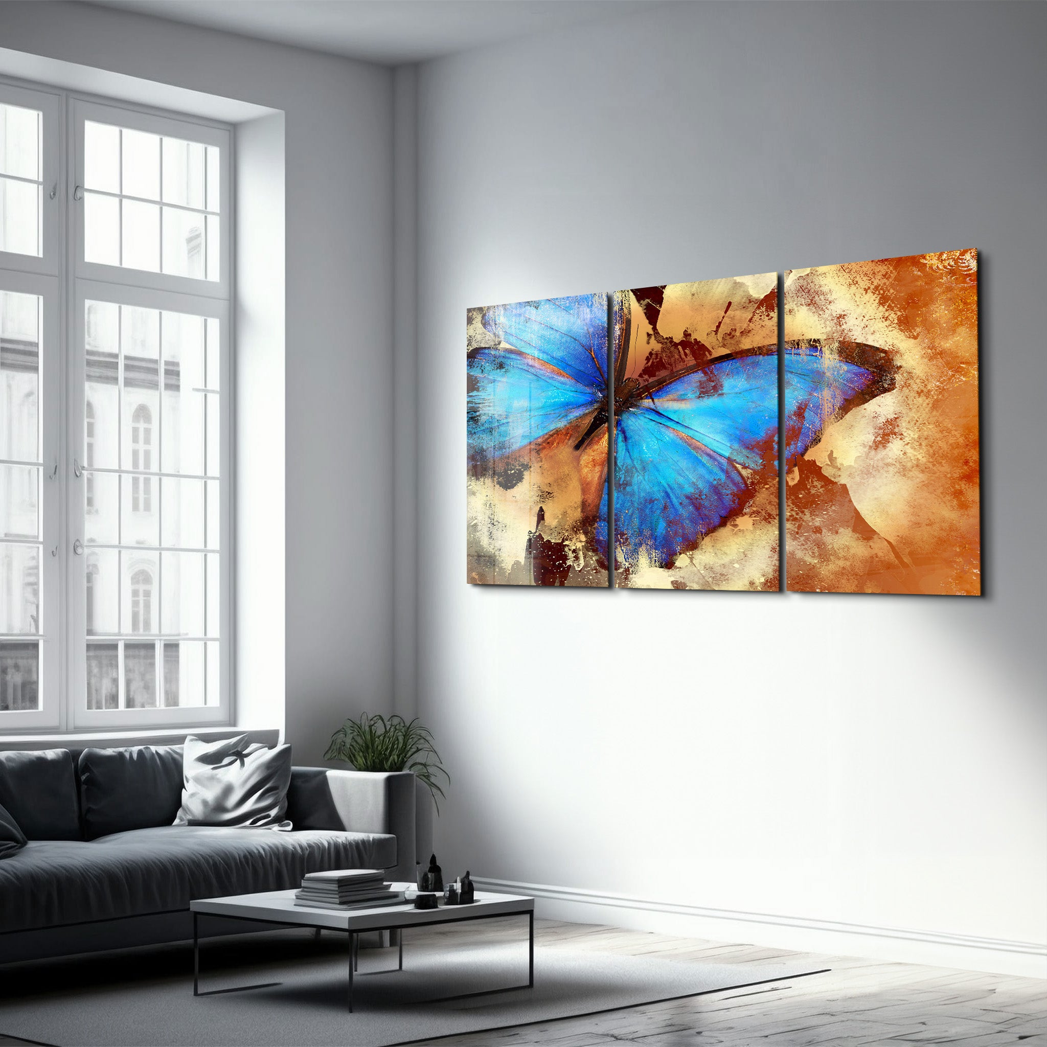 ・"Blue Butterfly - Trio"・Glass Wall Art