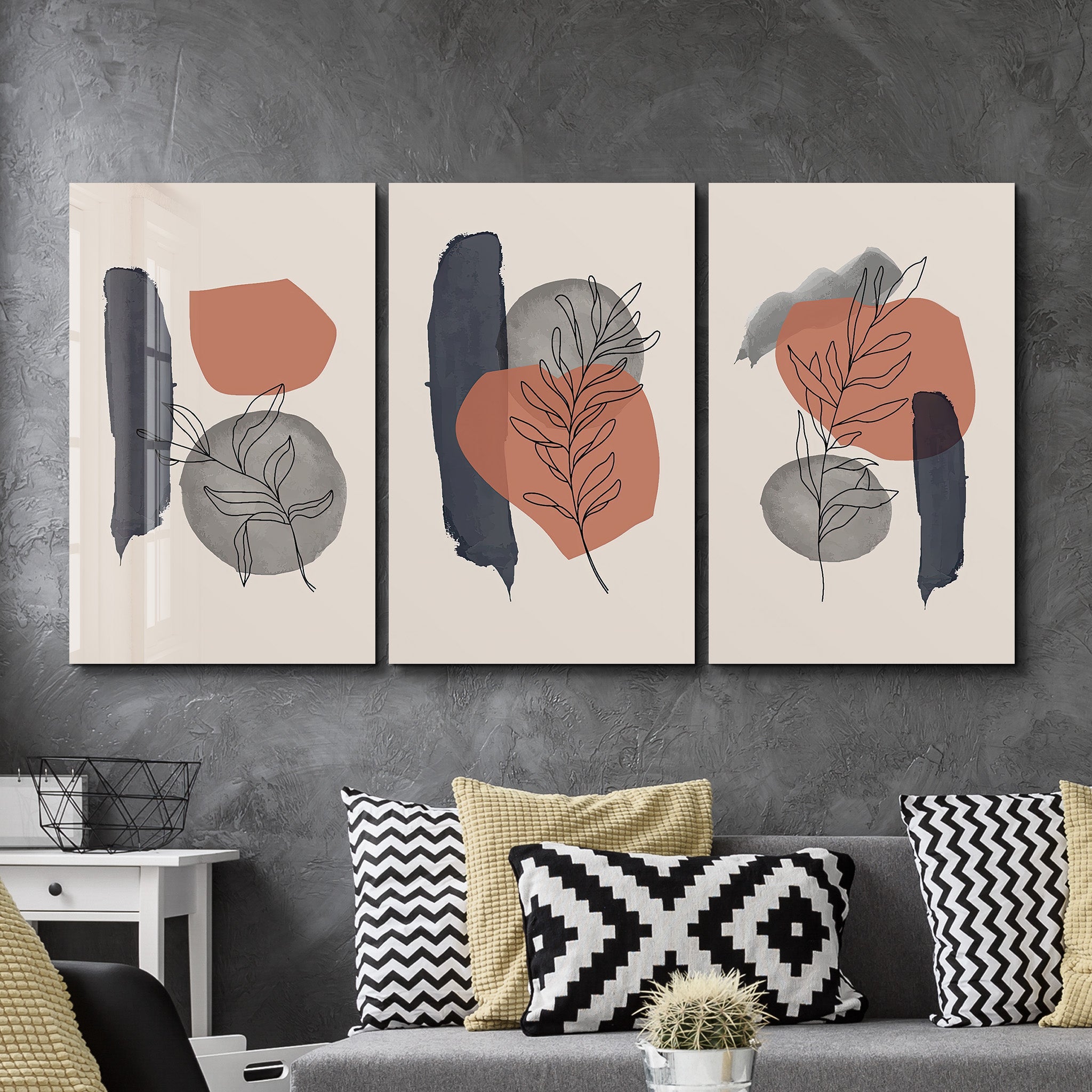 ・"Abstract Lines Terracota - Trio"・Glass Wall Art