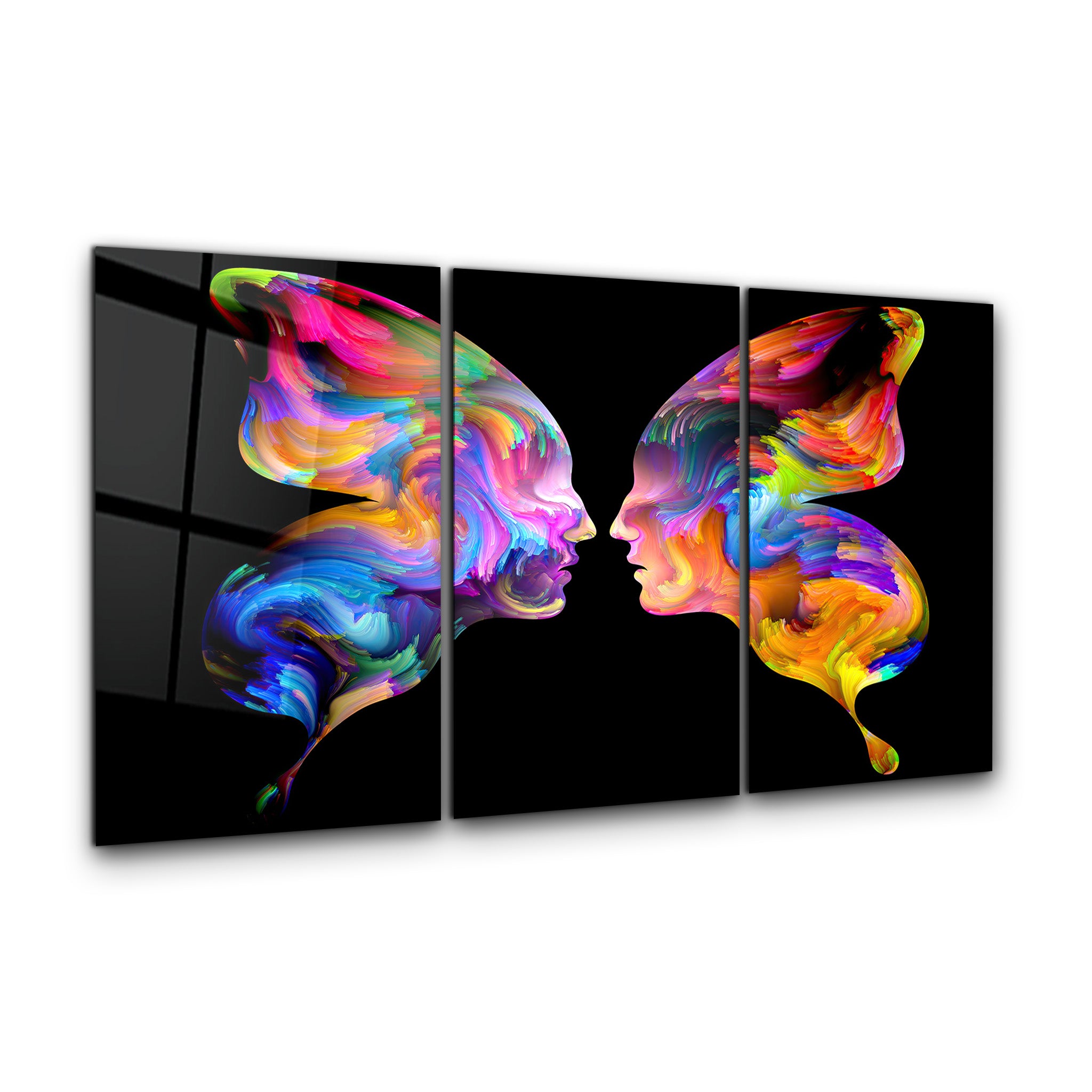 ・« Visages abstraits de papillons - Trio »・Art mural en verre
