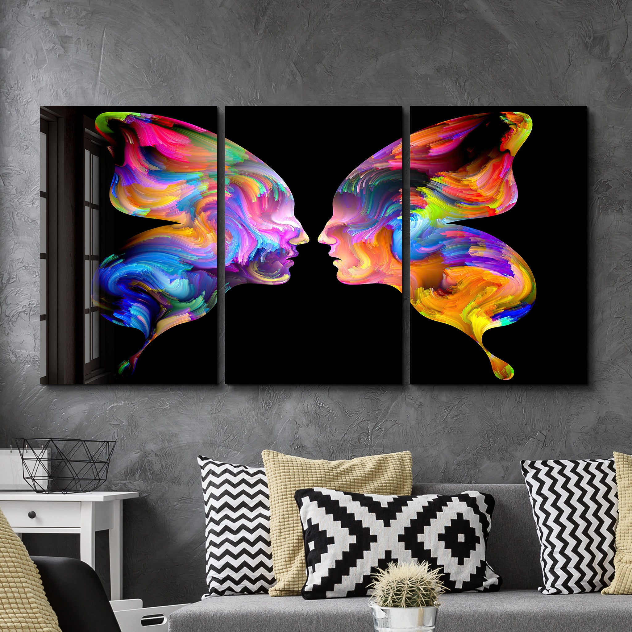 ・« Visages abstraits de papillons - Trio »・Art mural en verre