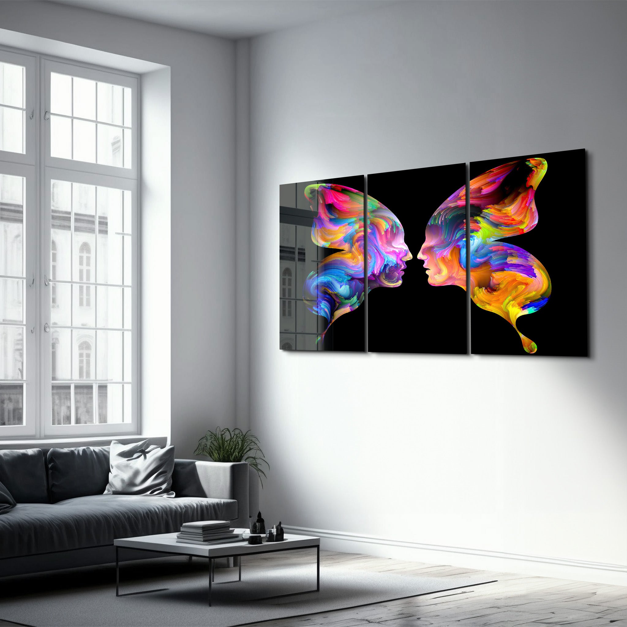 ・« Visages abstraits de papillons - Trio »・Art mural en verre