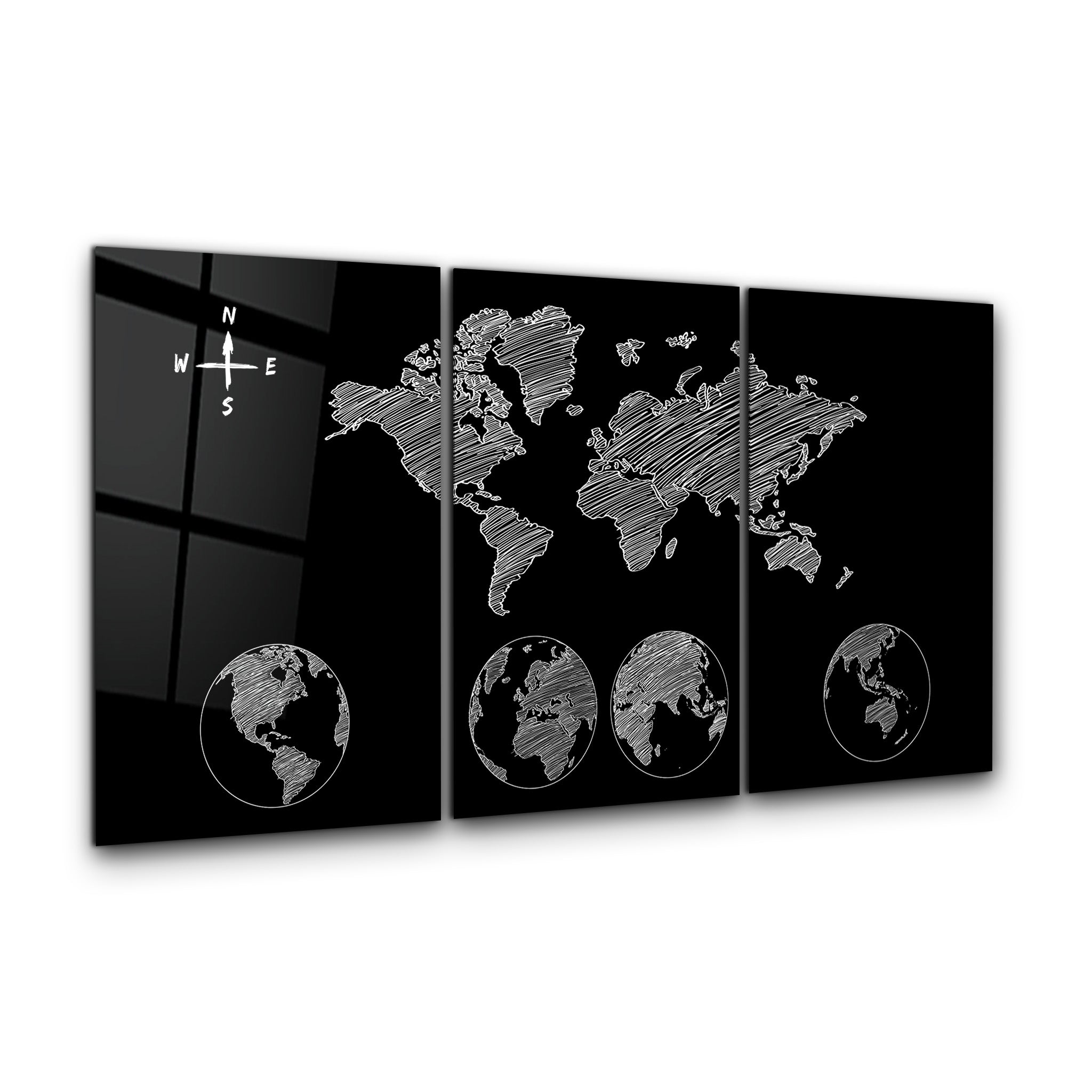 ・"Carte du monde noire - Trio"・Art mural en verre