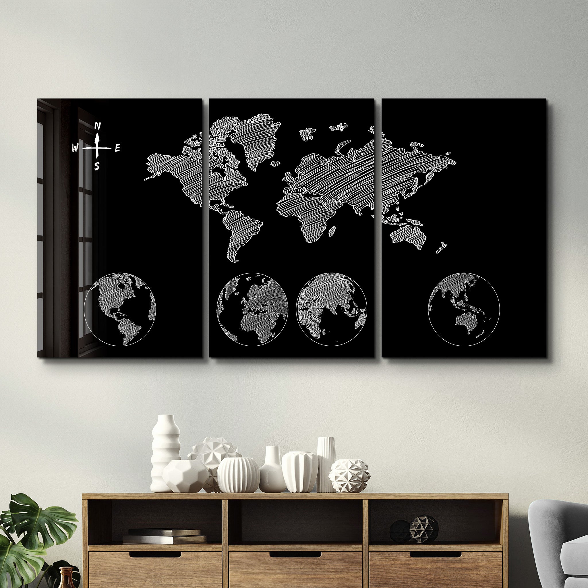 ・"Carte du monde noire - Trio"・Art mural en verre