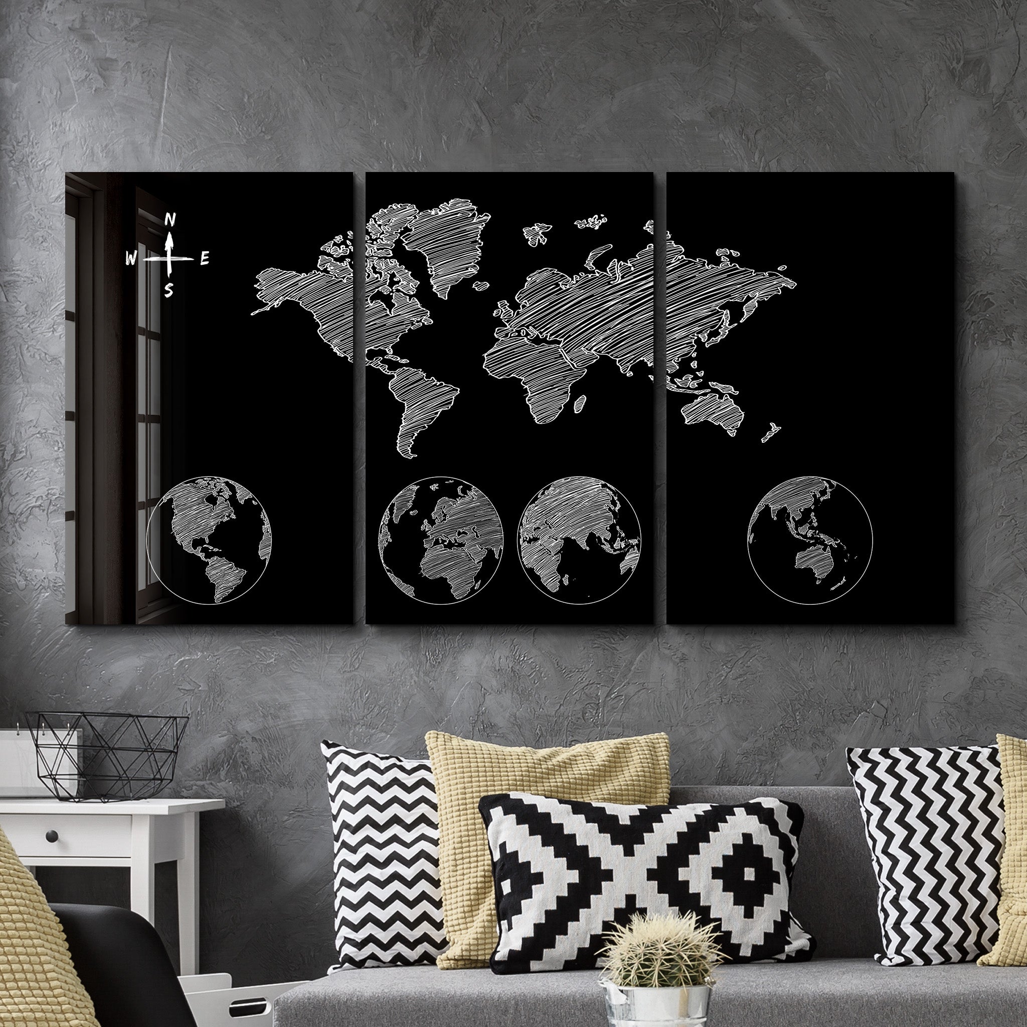 ・"Carte du monde noire - Trio"・Art mural en verre