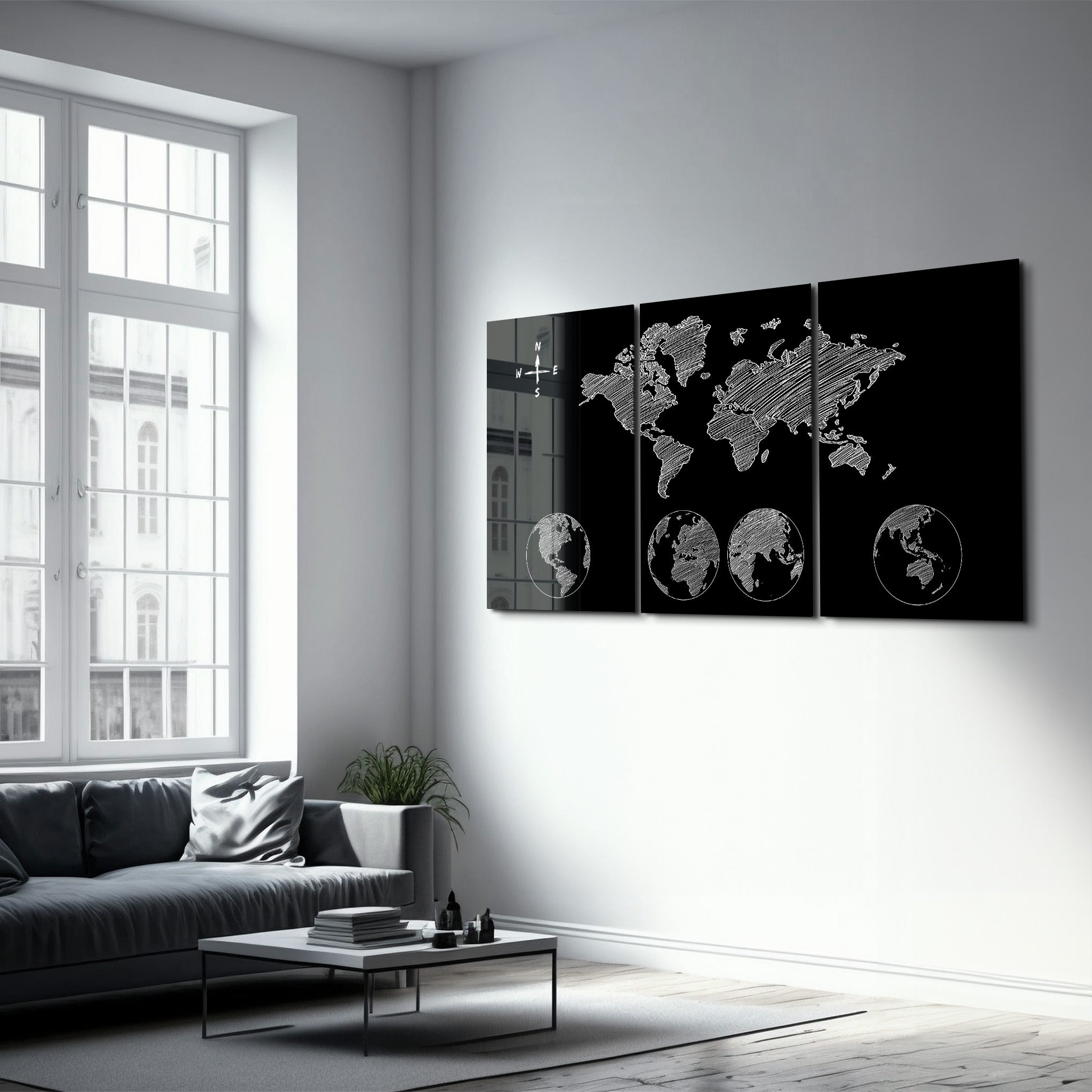 ・"Carte du monde noire - Trio"・Art mural en verre