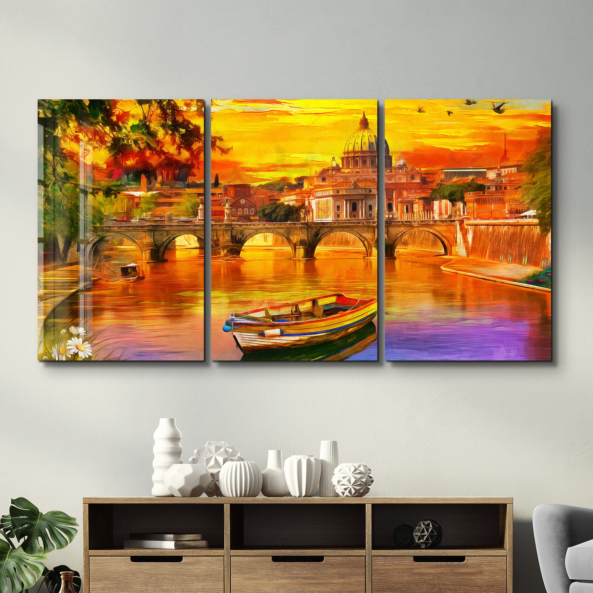 ・"Oil Painting Old River - Trio"・Glass Wall Art