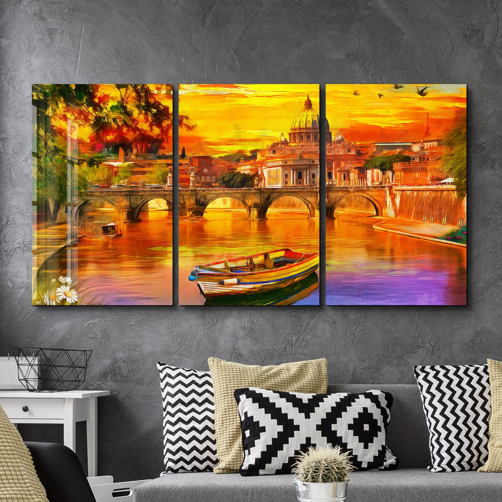 ・"Oil Painting Old River - Trio"・Glass Wall Art