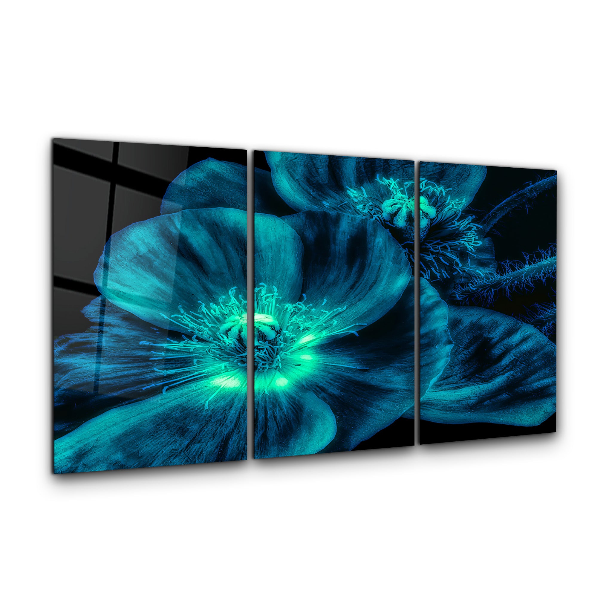 ・"Macro Fleur Bleue - Trio"・Décoration murale en verre