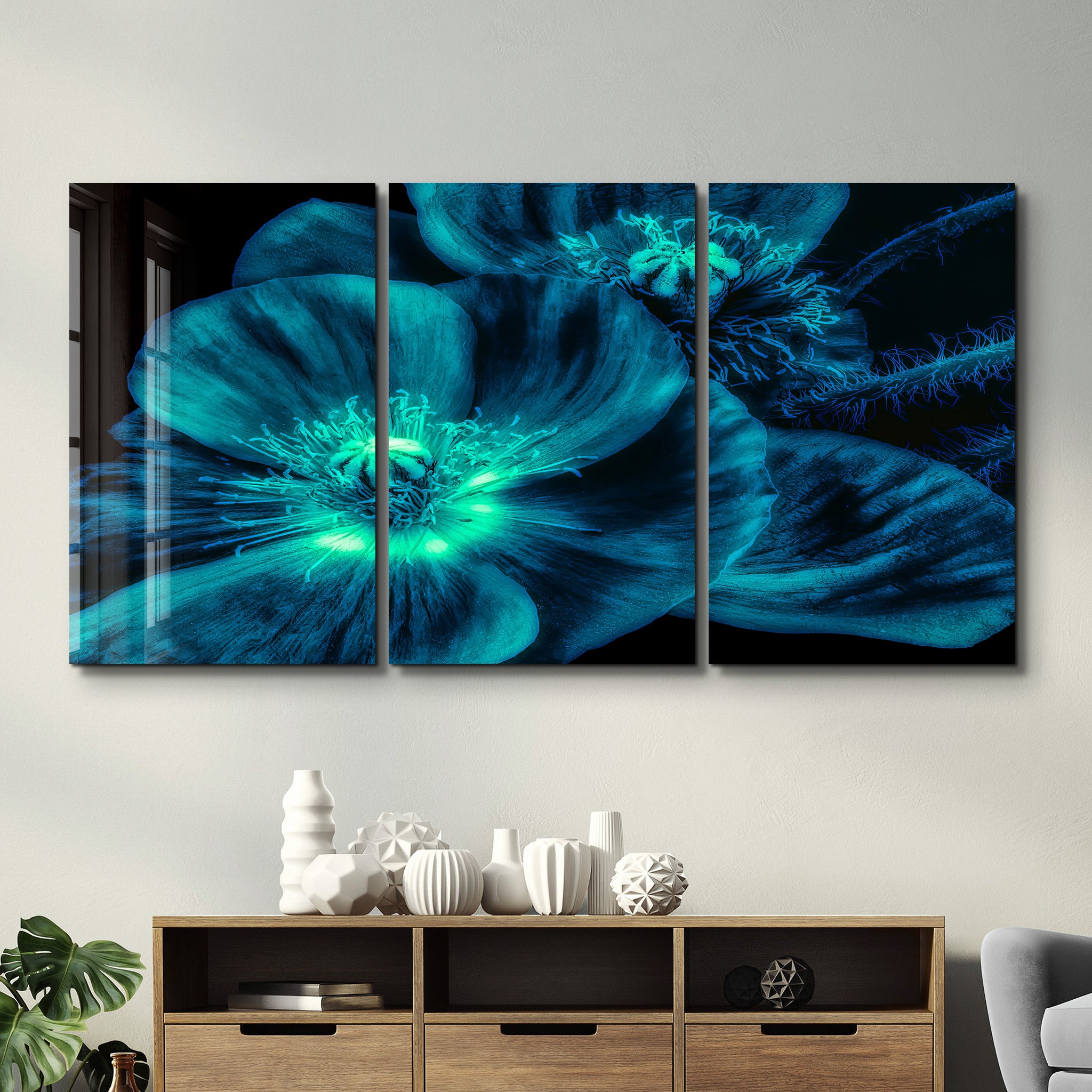 ・"Macro Fleur Bleue - Trio"・Décoration murale en verre