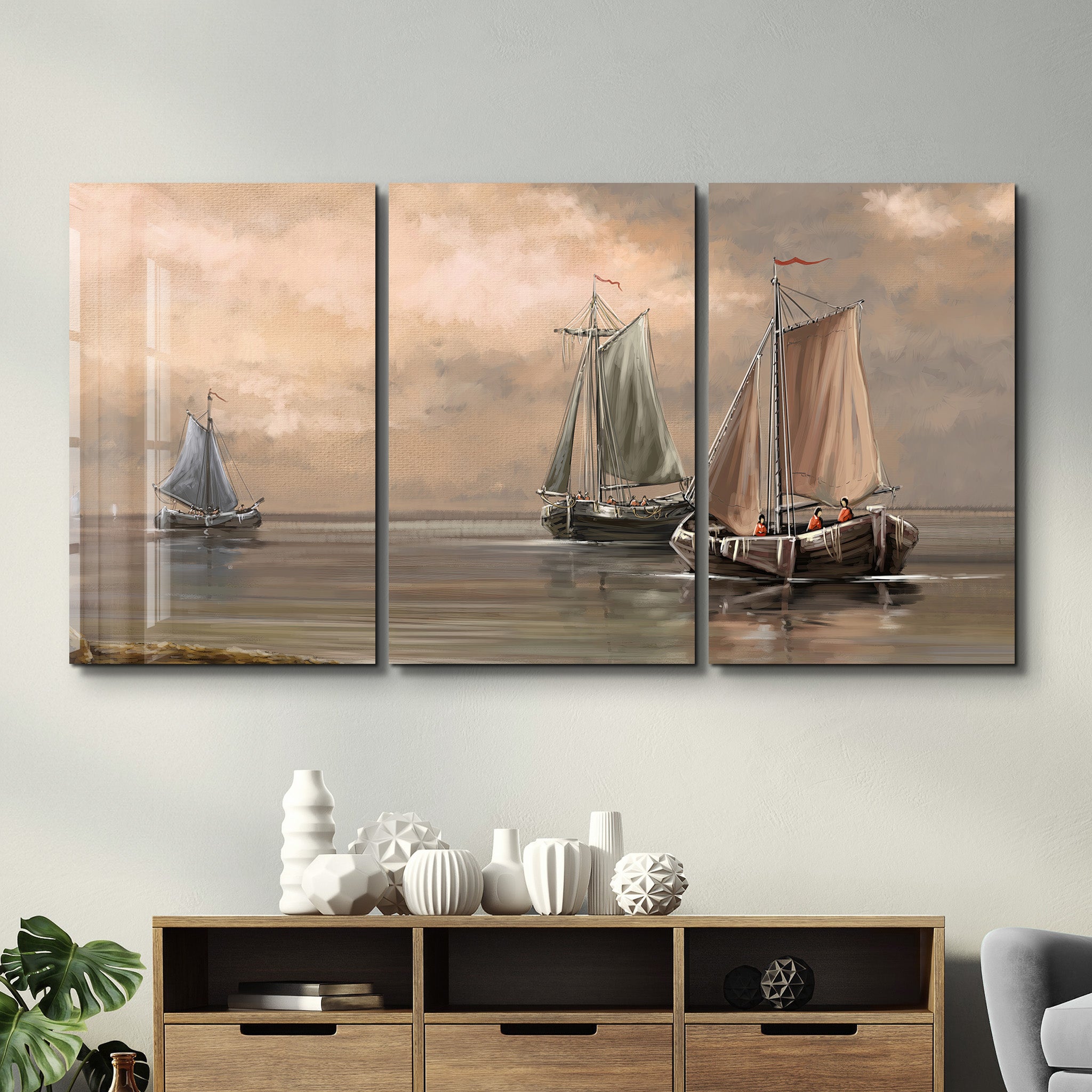 ・"Peinture à l'huile Vieille Mer - Trio"・Art mural en verre