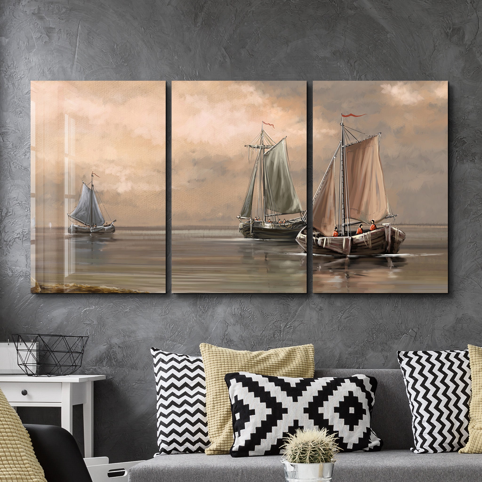 ・"Peinture à l'huile Vieille Mer - Trio"・Art mural en verre